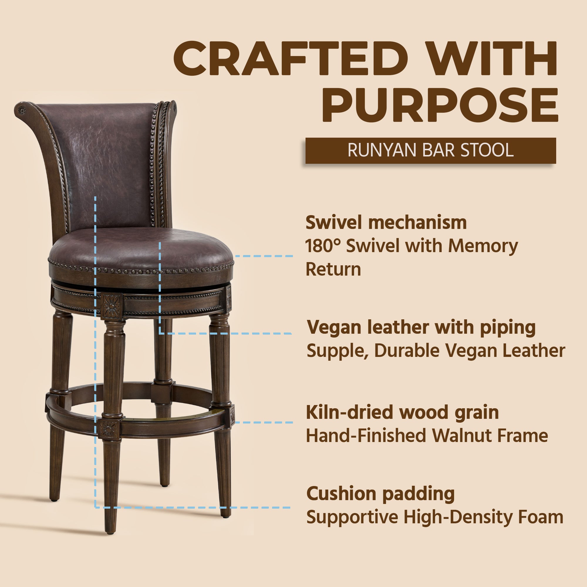 ROME + OAK Bar Stool, Dark Walnut Finish w/Vintage Brown Vegan Leather (Used) - VMInnovations