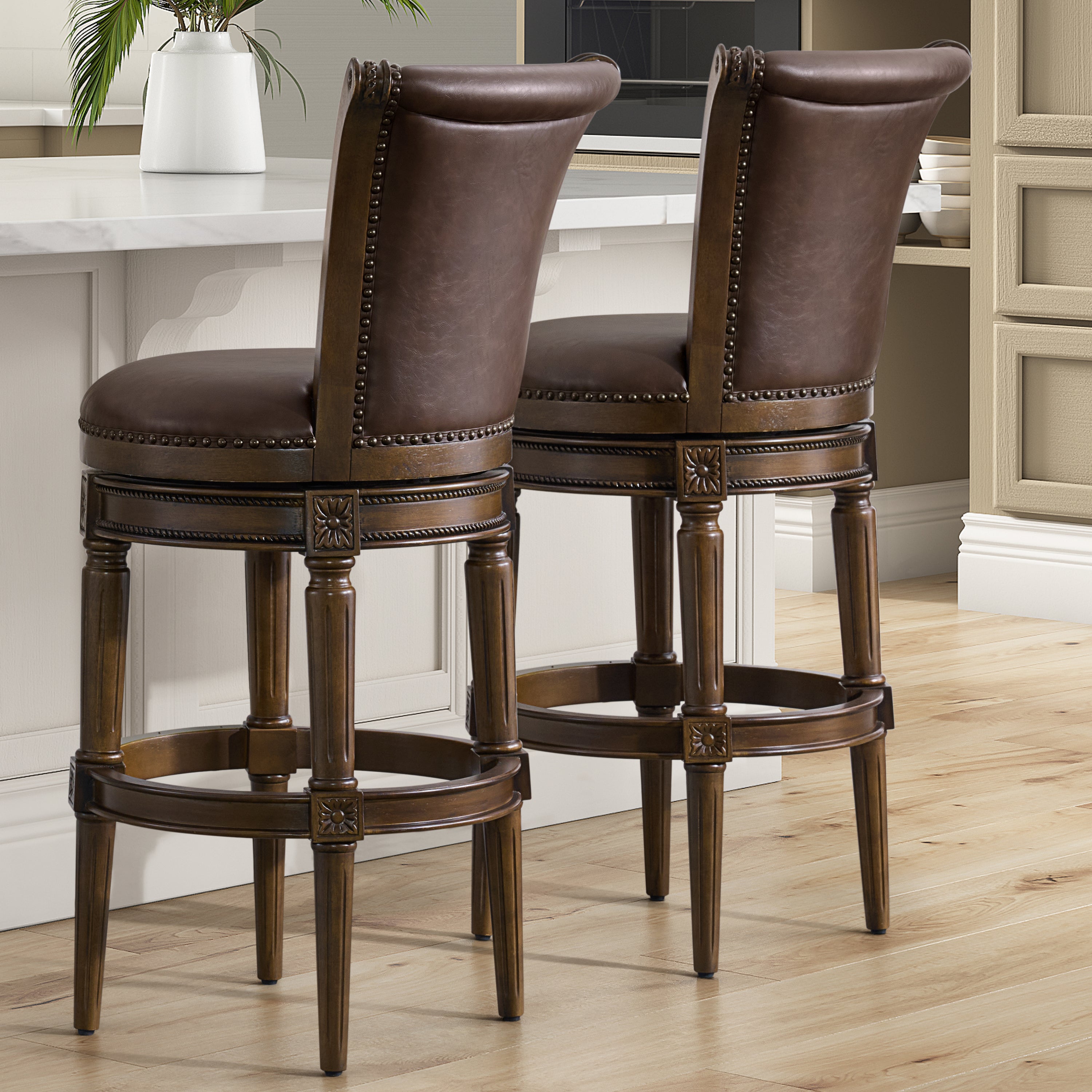 ROME + OAK Runyan Bar Stool, Dark Walnut & Vintage Brown Vegan Leather, Set of 3
