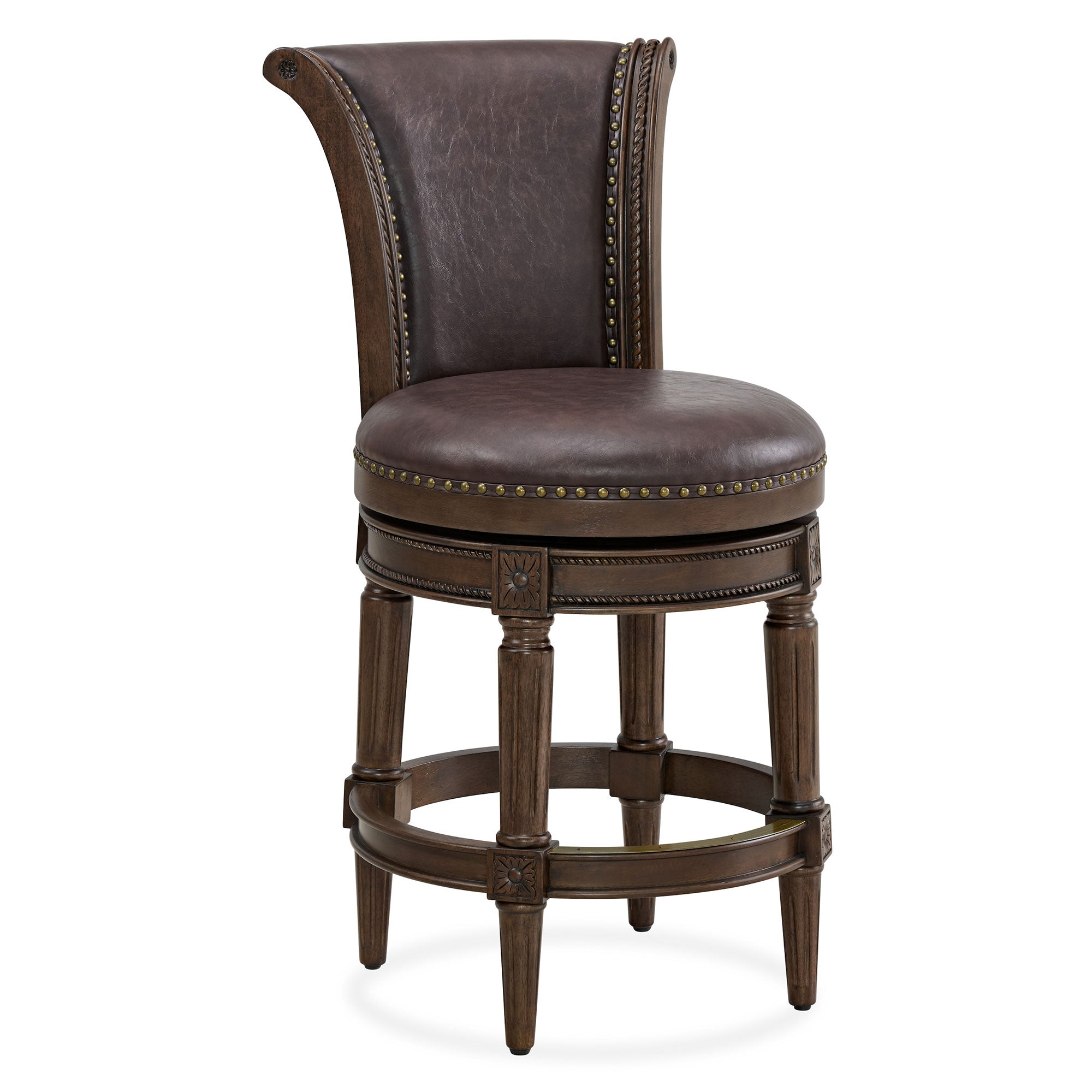 ROME + OAK Runyan Counter Stool, Dark Walnut Finish, Vintage Brown Vegan Leather