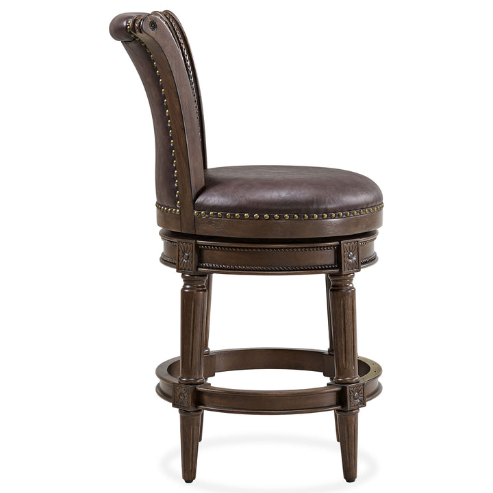 ROME + OAK Runyan Counter Stool, Dark Walnut, Vintage Brown Vegan Leather, Set of 3