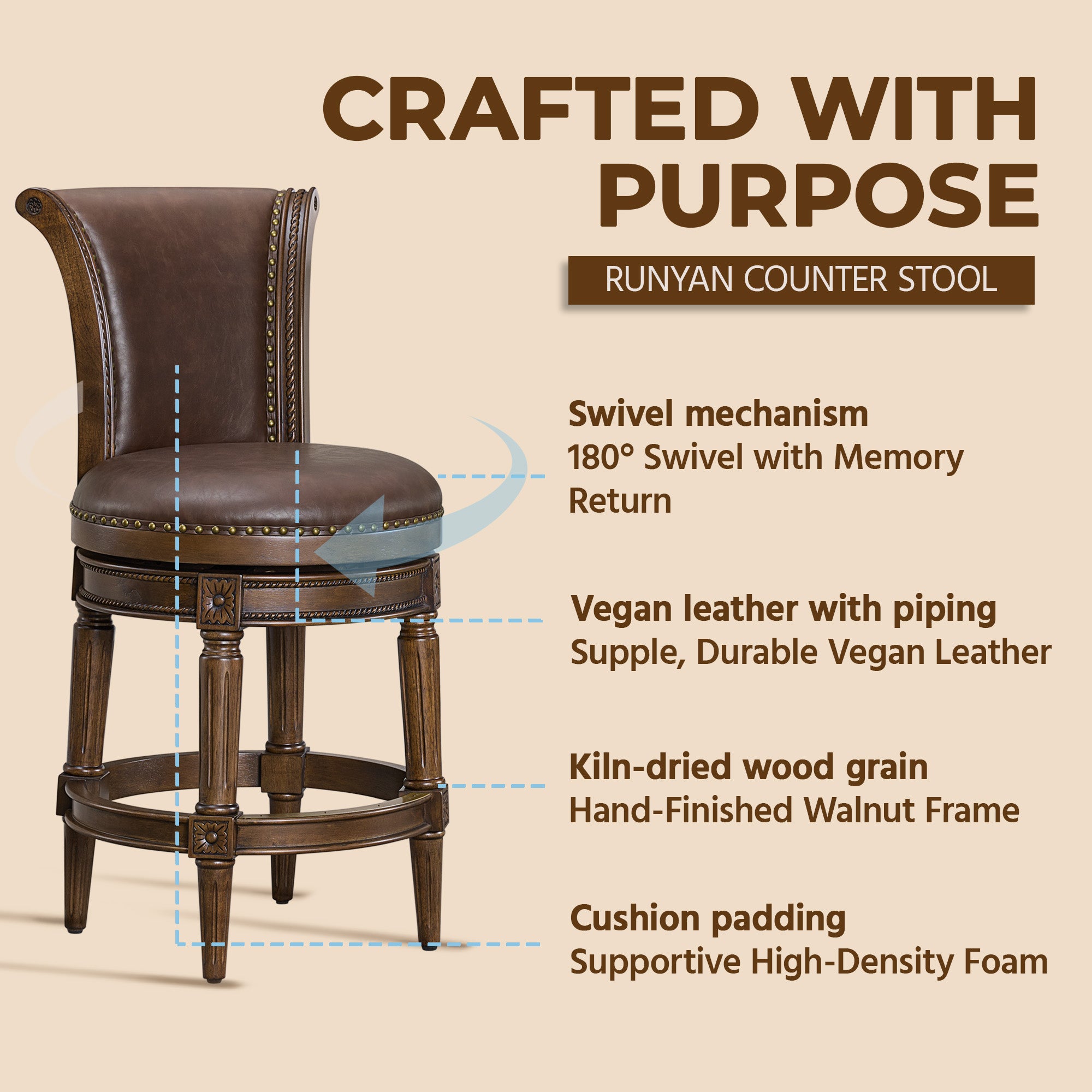 ROME + OAK Runyan Counter Stool, Dark Walnut Finish, Brown Vegan Leather (Used) - VMInnovations