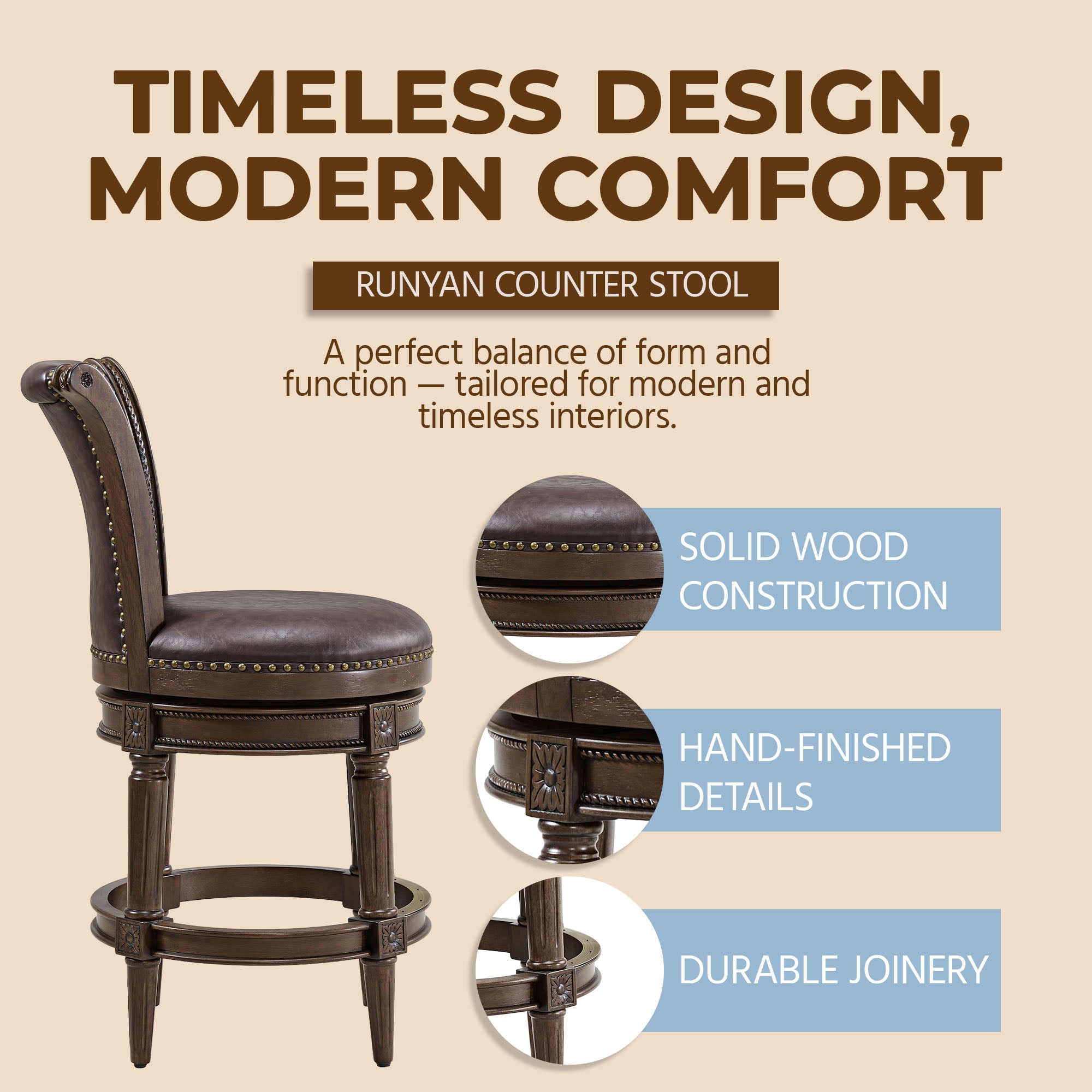 ROME + OAK Runyan Counter Stool, Dark Walnut Finish, Vintage Brown Vegan Leather