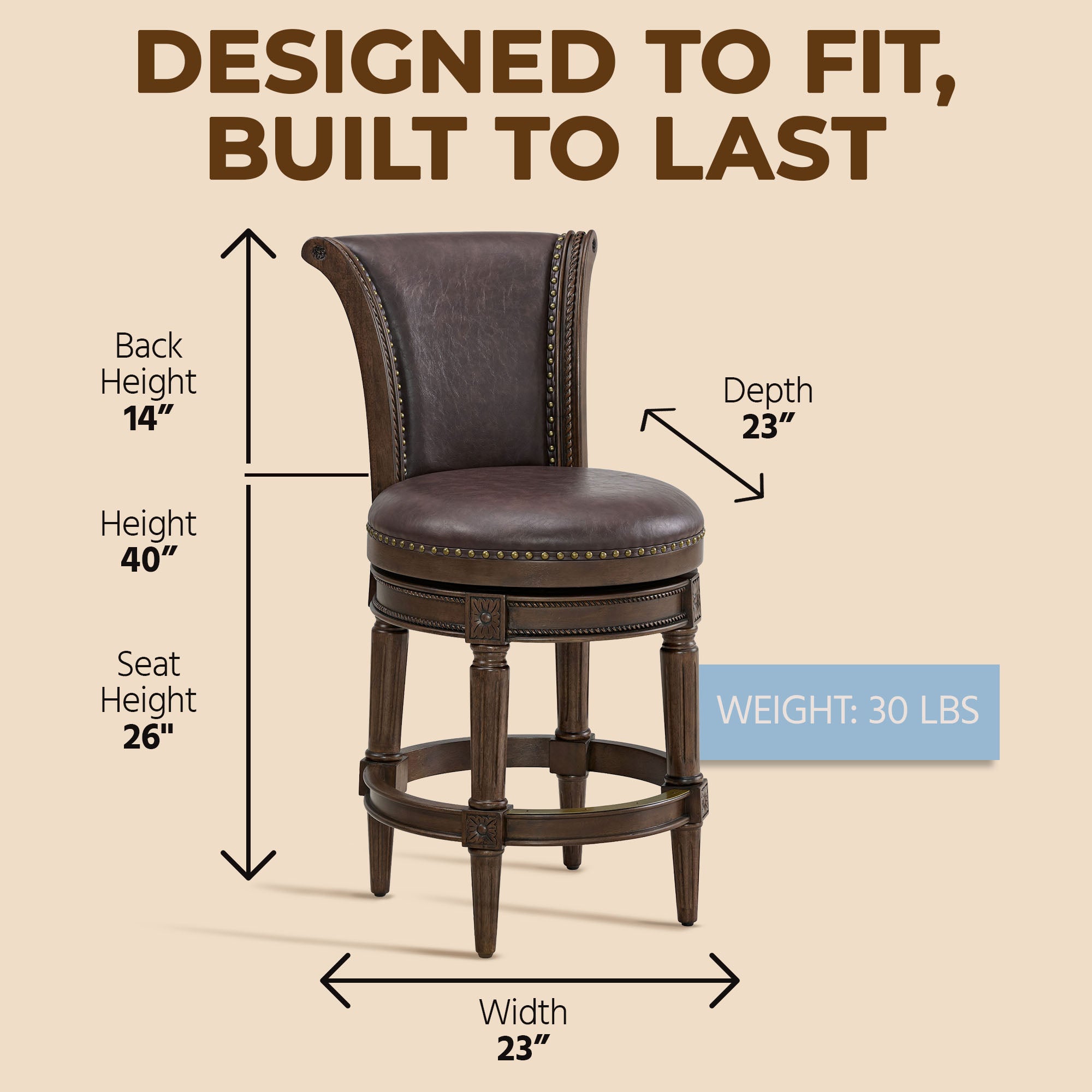 ROME + OAK Runyan Counter Stool, Dark Walnut Finish, Vintage Brown Vegan Leather