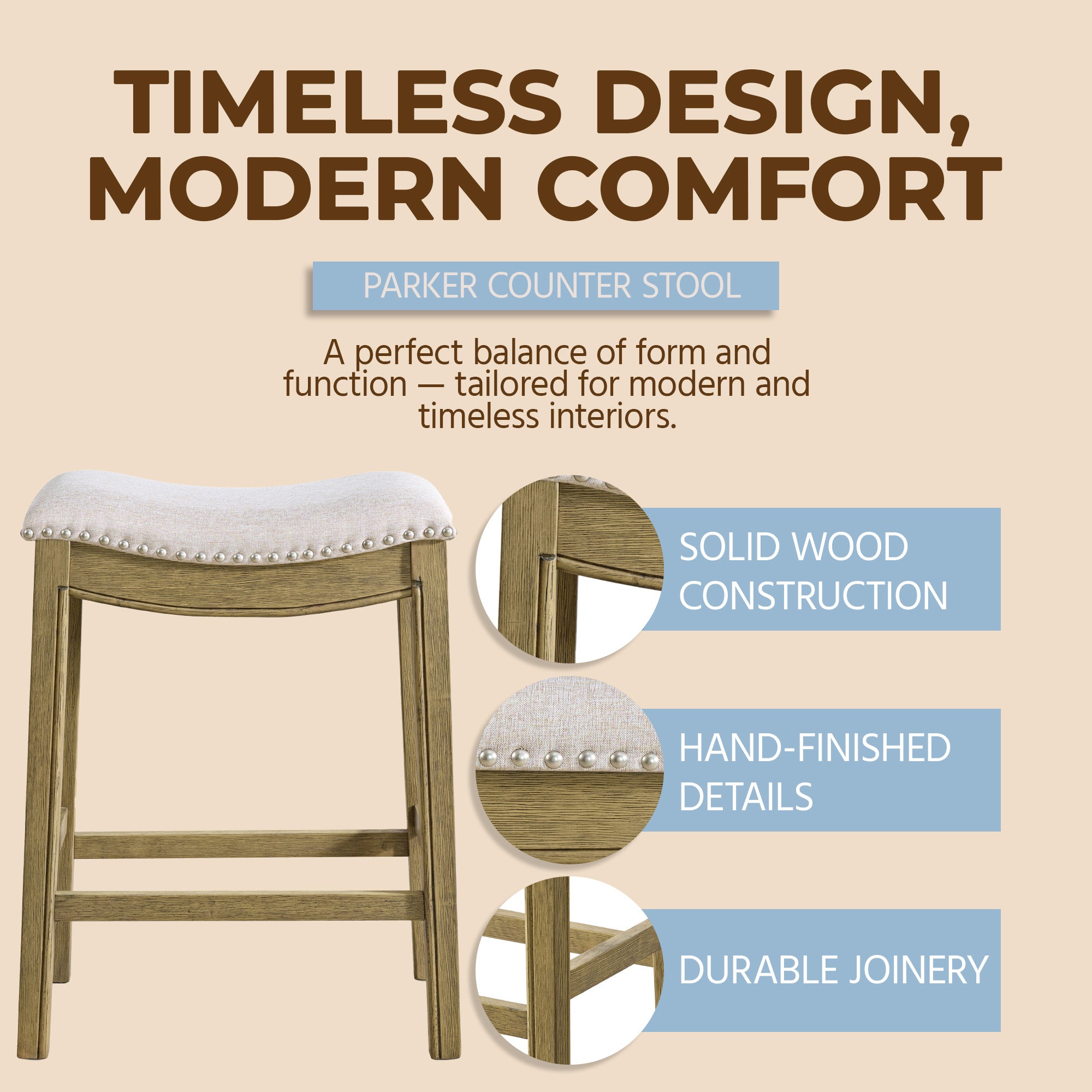 ROME + OAK Parker Backless Saddle Counter Stool, Natural, Cream Fabric(Open Box) - VMInnovations