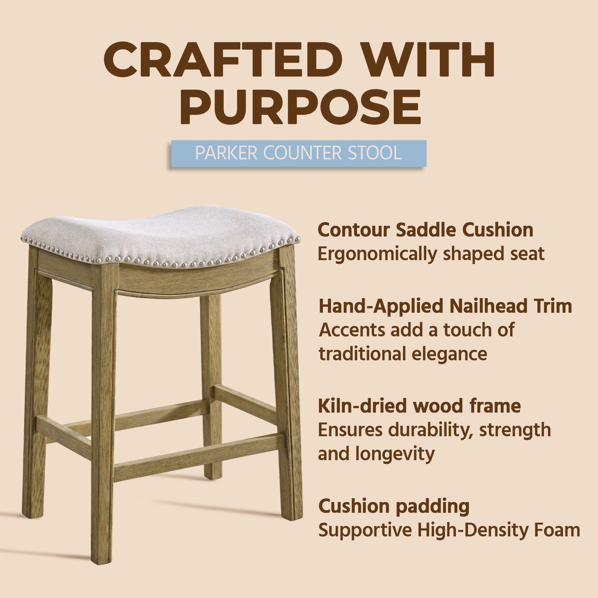 ROME + OAK Parker Backless Saddle Counter Stool, Natural, Cream Fabric(Open Box)