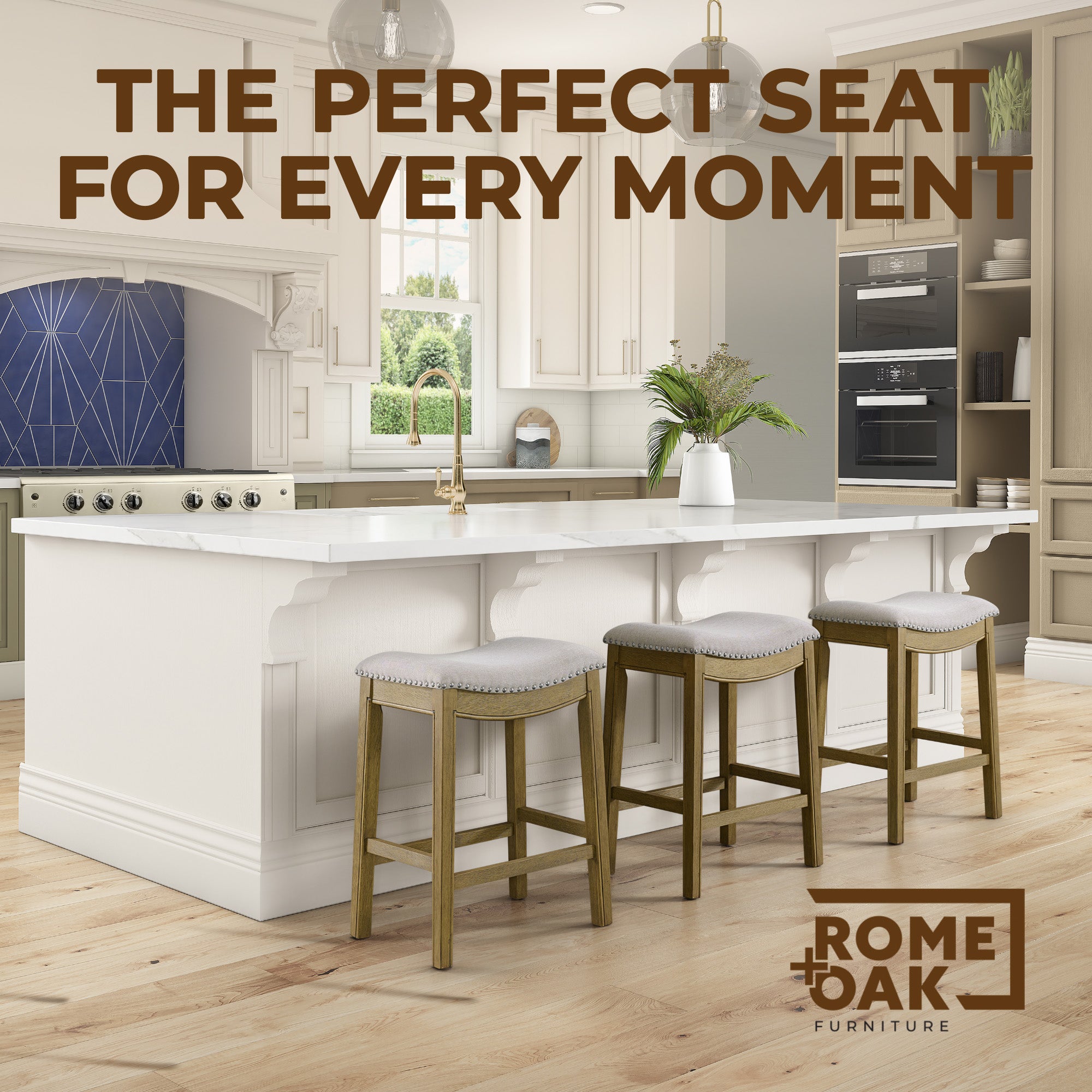 ROME + OAK Parker Backless Saddle Counter Stool, Natural, Cream Fabric(Open Box) - VMInnovations