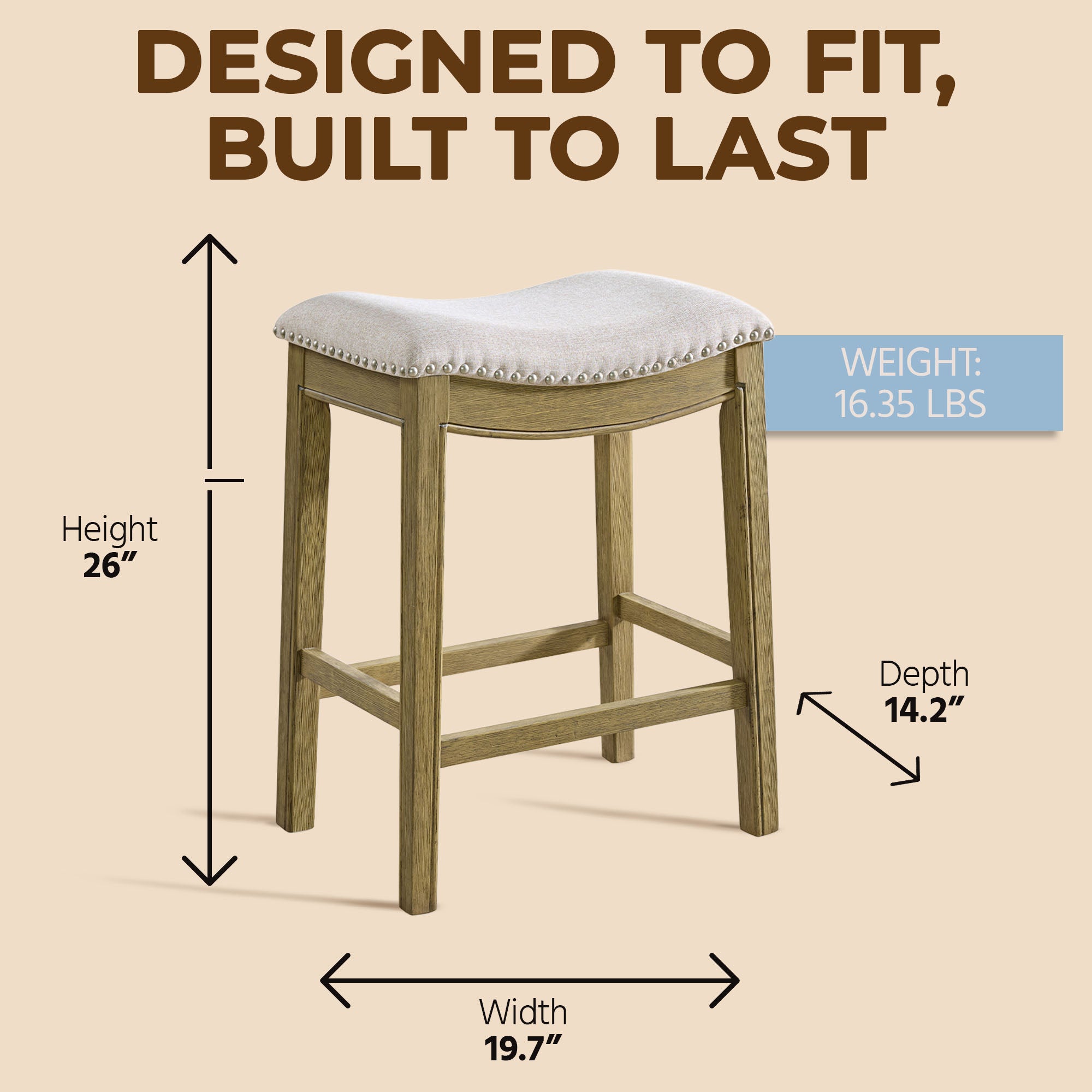 ROME + OAK Parker Backless Saddle Kitchen Counter Stool, Natural, Cream Fabric