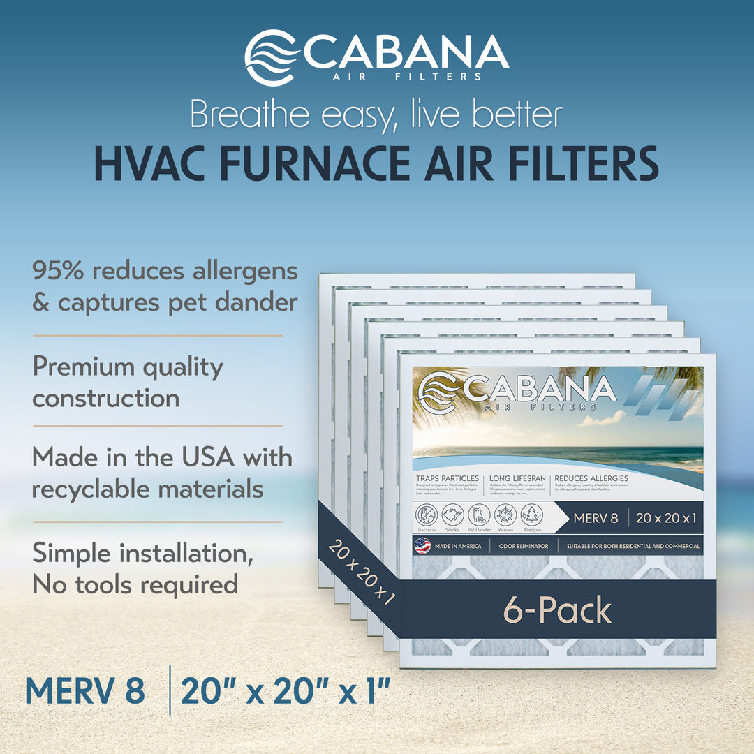 Cabana Air Filters 6 Pack HVAC Furnace Air Filters, MERV 8, 20 x 20 x 1, White - VMInnovations