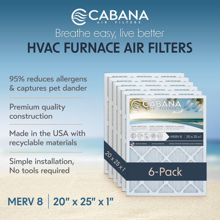 Cabana Air Filters 6 Pack HVAC Furnace Air Filters, MERV 8, 20 x 25 x 1, White - VMInnovations
