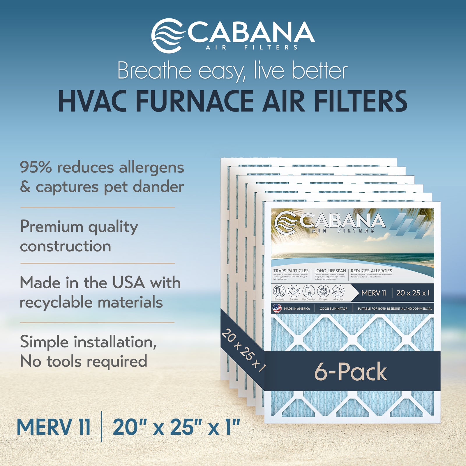 Cabana Air Filters 6 Pack HVAC Furnace Air Filters, MERV 11, 20 x 25 x 1, White - VMInnovations