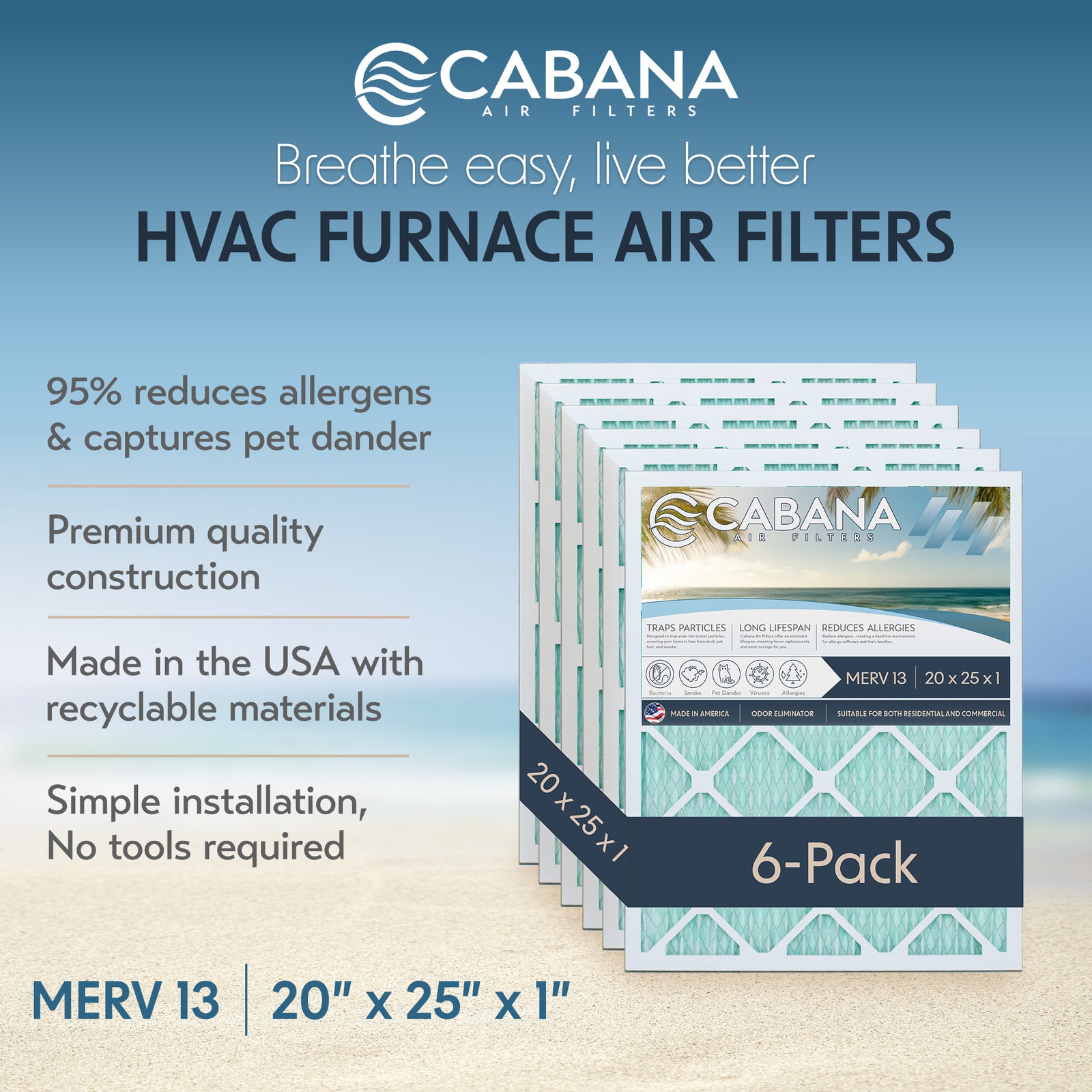 Cabana Air Filters 6 Pack HVAC Furnace Air Filters, MERV 13, 20 x 25 x 1, White - VMInnovations