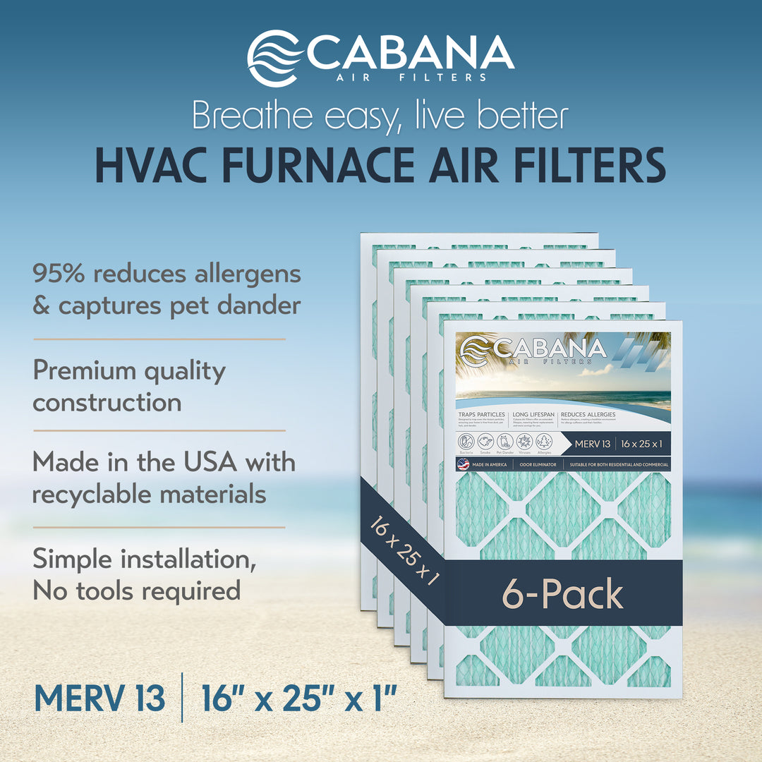 Cabana Air Filters 6 Pack HVAC Furnace Air Filters, MERV 13, 16 x 25 x 1, White - VMInnovations