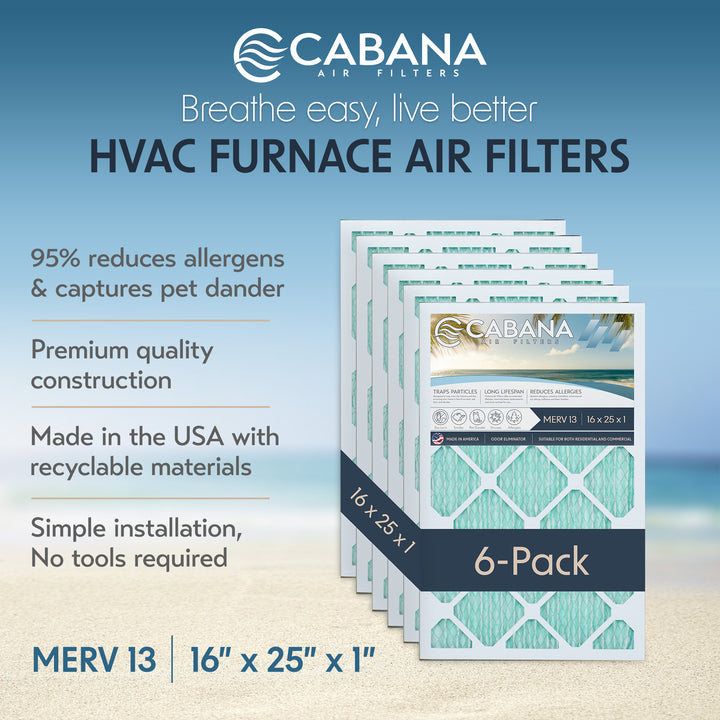 Cabana Air Filters 6 Pack HVAC Furnace Air Filters, MERV 13, 16 x 25 x 1, White - VMInnovations