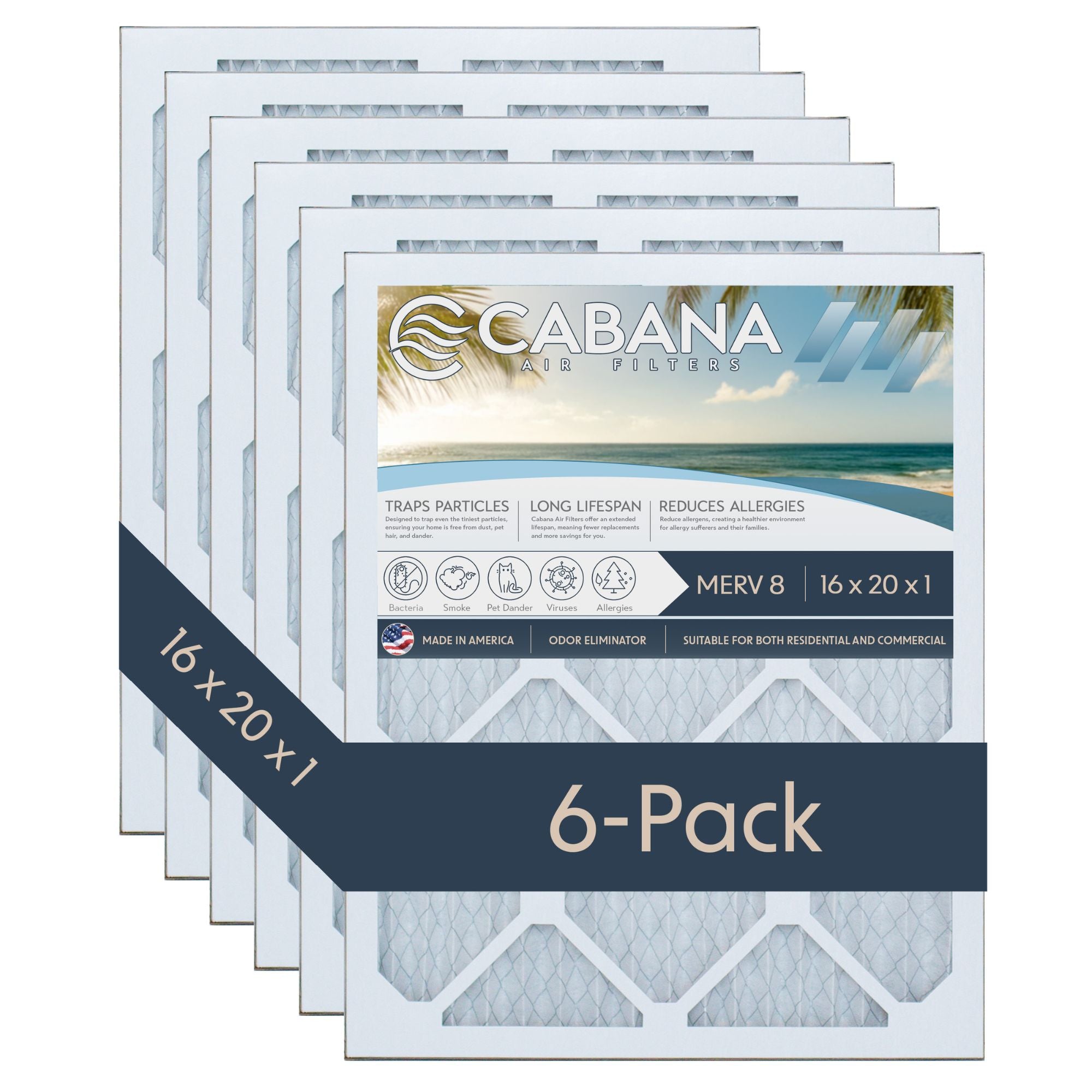 Cabana Air Filters 6 Pack HVAC Furnace Filters, MERV 8, 16 x 20 x 1(Open Box) - VMInnovations