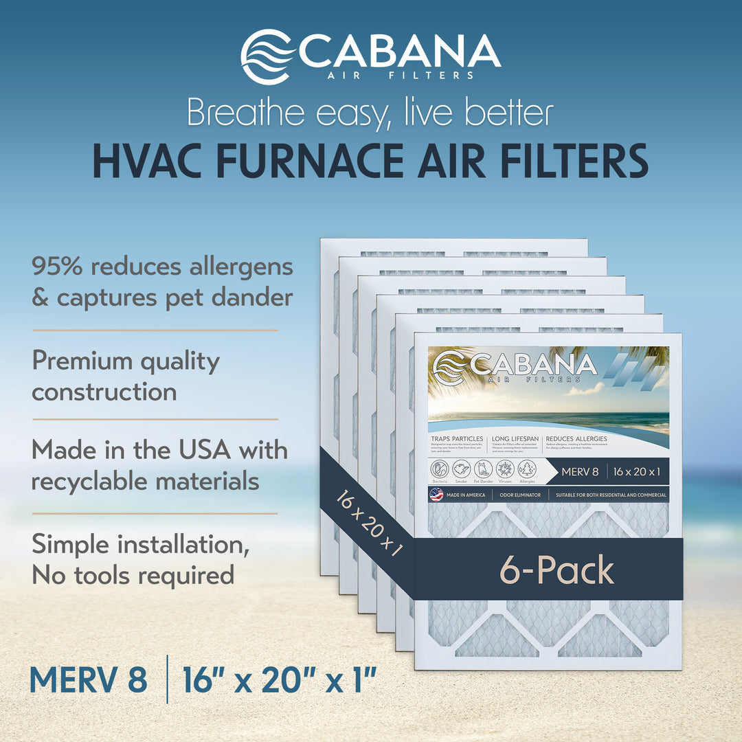 Cabana Air Filters 6 Pack HVAC Furnace Air Filters, MERV 8, 16 x 20 x 1, White - VMInnovations