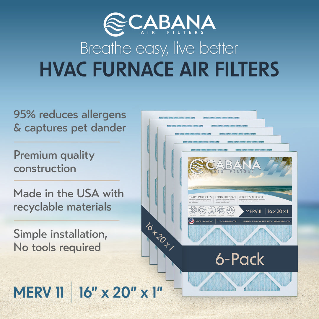 Cabana Air Filters 6 Pack HVAC Furnace Air Filters, MERV 11, 16 x 20 x 1, White - VMInnovations