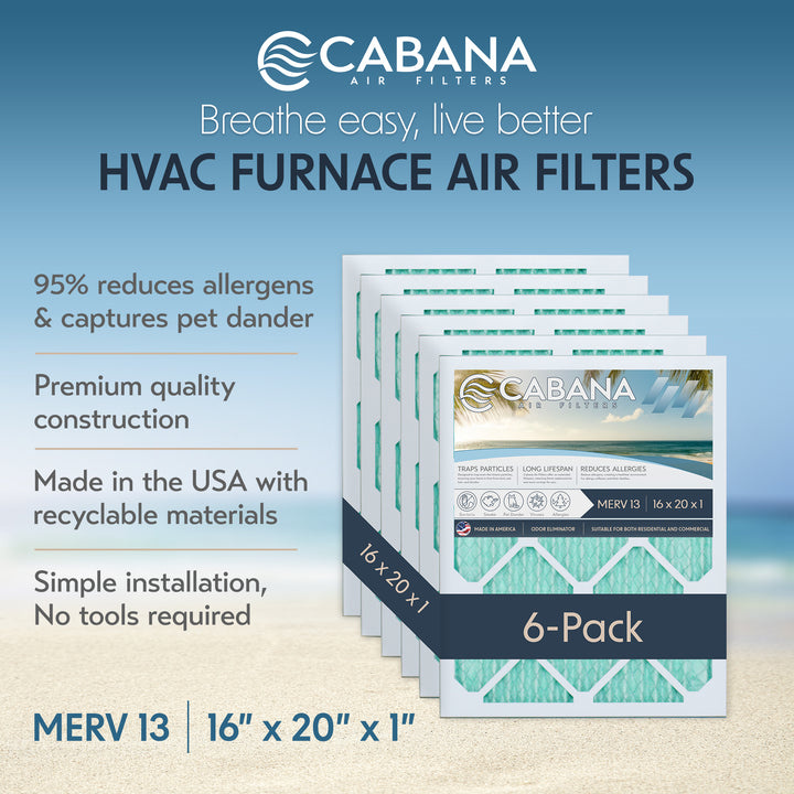 Cabana Air Filters 6 Pack HVAC Furnace Air Filters, MERV 13, 16 x 20 x 1, White - VMInnovations