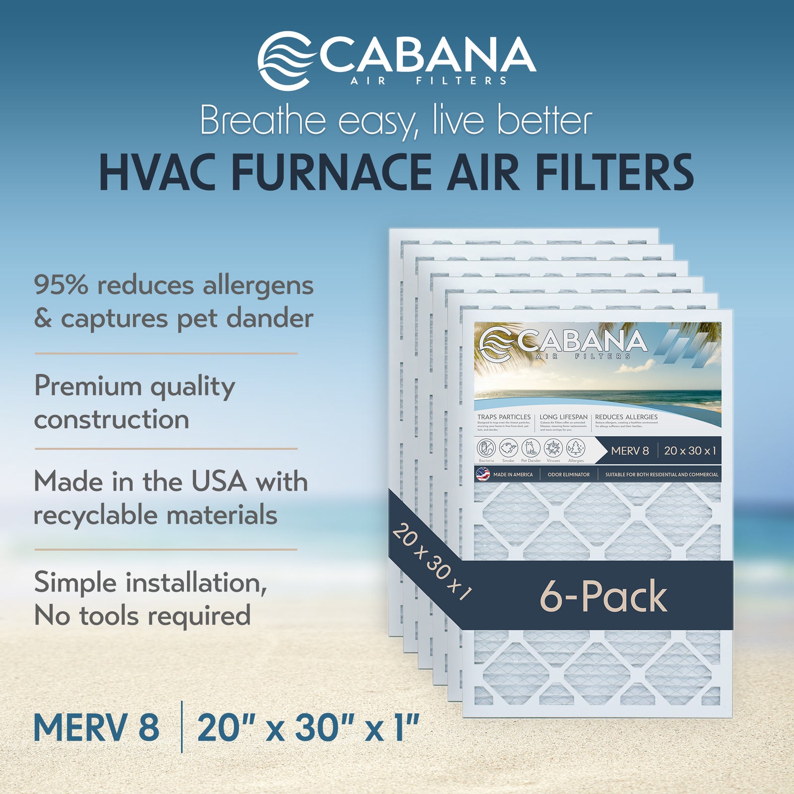 Cabana Air Filters 6 Pack HVAC Furnace Air Filters, MERV 8, 20 x 30 x 1, White - VMInnovations