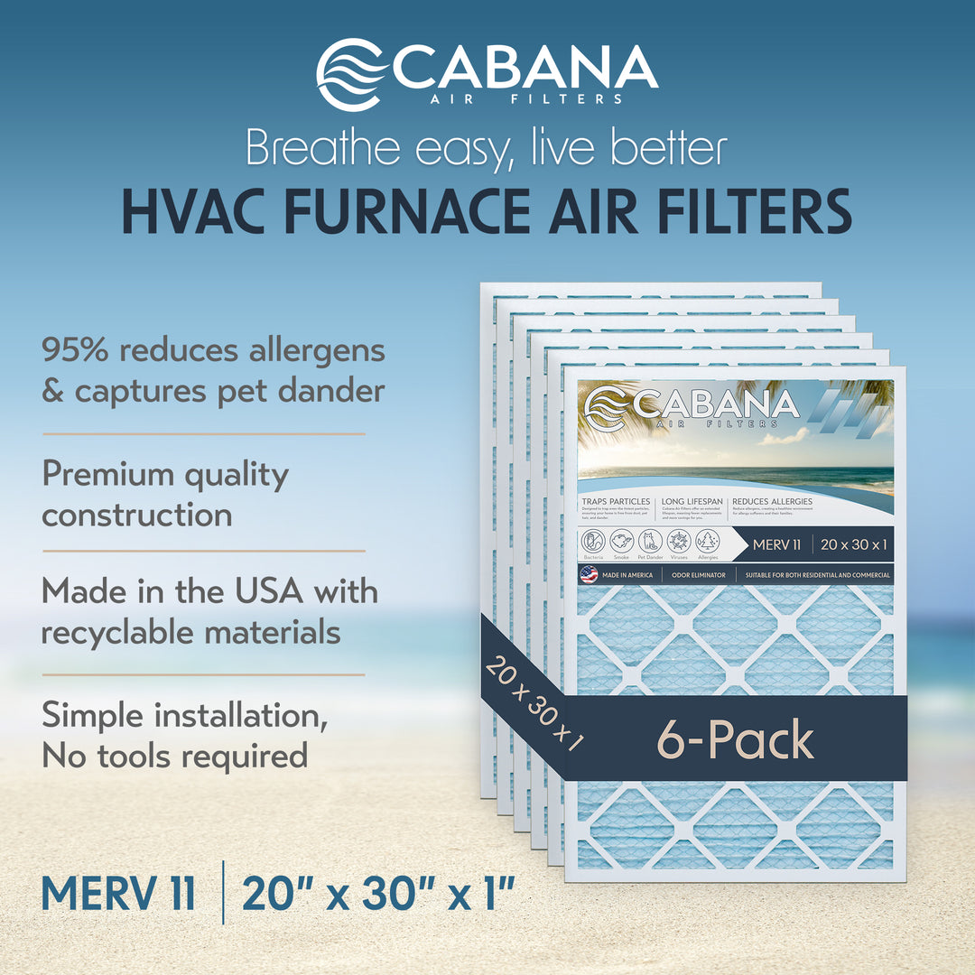Cabana Air Filters 6 Pack HVAC Furnace Air Filters, MERV 11, 20 x 30 x 1, White - VMInnovations