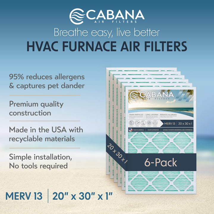 Cabana Air Filters 6 Pack HVAC Furnace Air Filters, MERV 13, 20 x 30 x 1, White - VMInnovations