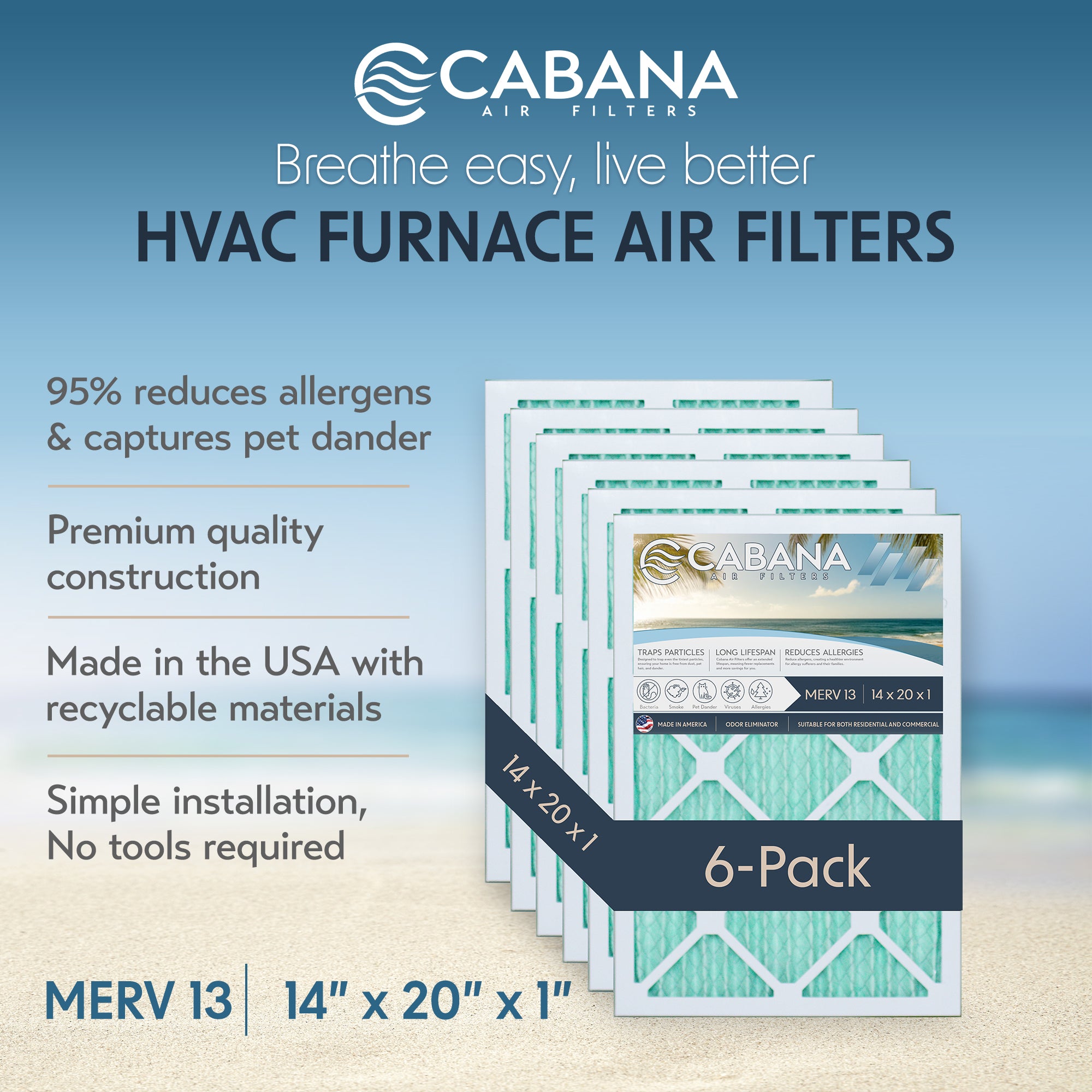 Cabana Air Filters 6 Pack HVAC Furnace Air Filters, MERV 13, 14 x 20 x 1, White