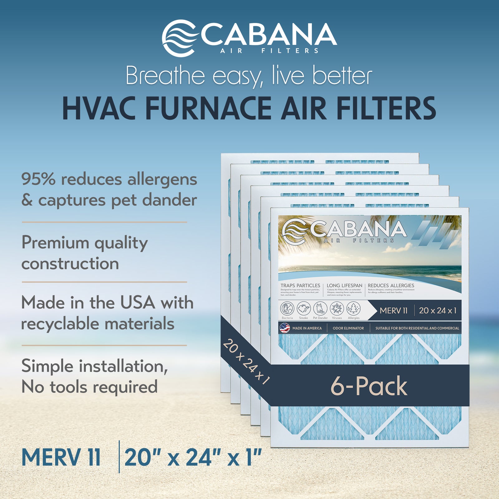 Cabana Air Filters 6 Pack HVAC Furnace Air Filters, MERV 11, 20 x 24 x 1, White - VMInnovations