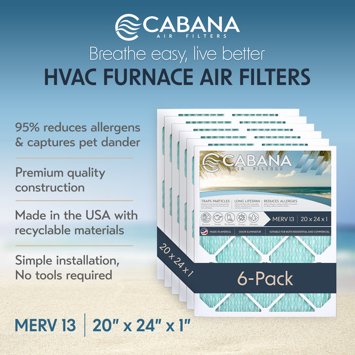 Cabana Air Filters 6 Pack HVAC Furnace Air Filters, MERV 13, 20 x 24 x 1, White - VMInnovations