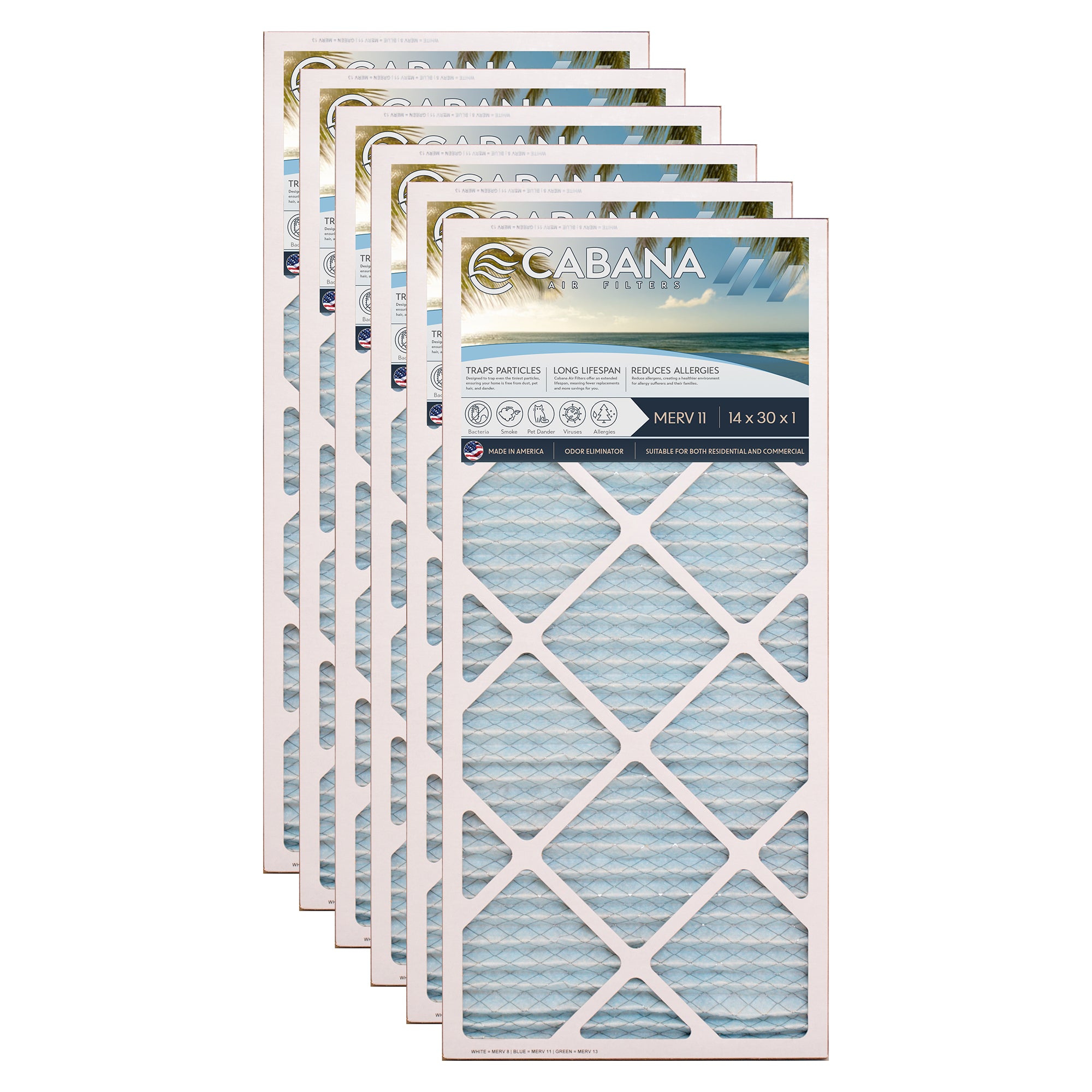 Cabana Air Filters 6 Pack HVAC Furnace Air Filters, MERV 11, 14 x 30 x 1, White - VMInnovations