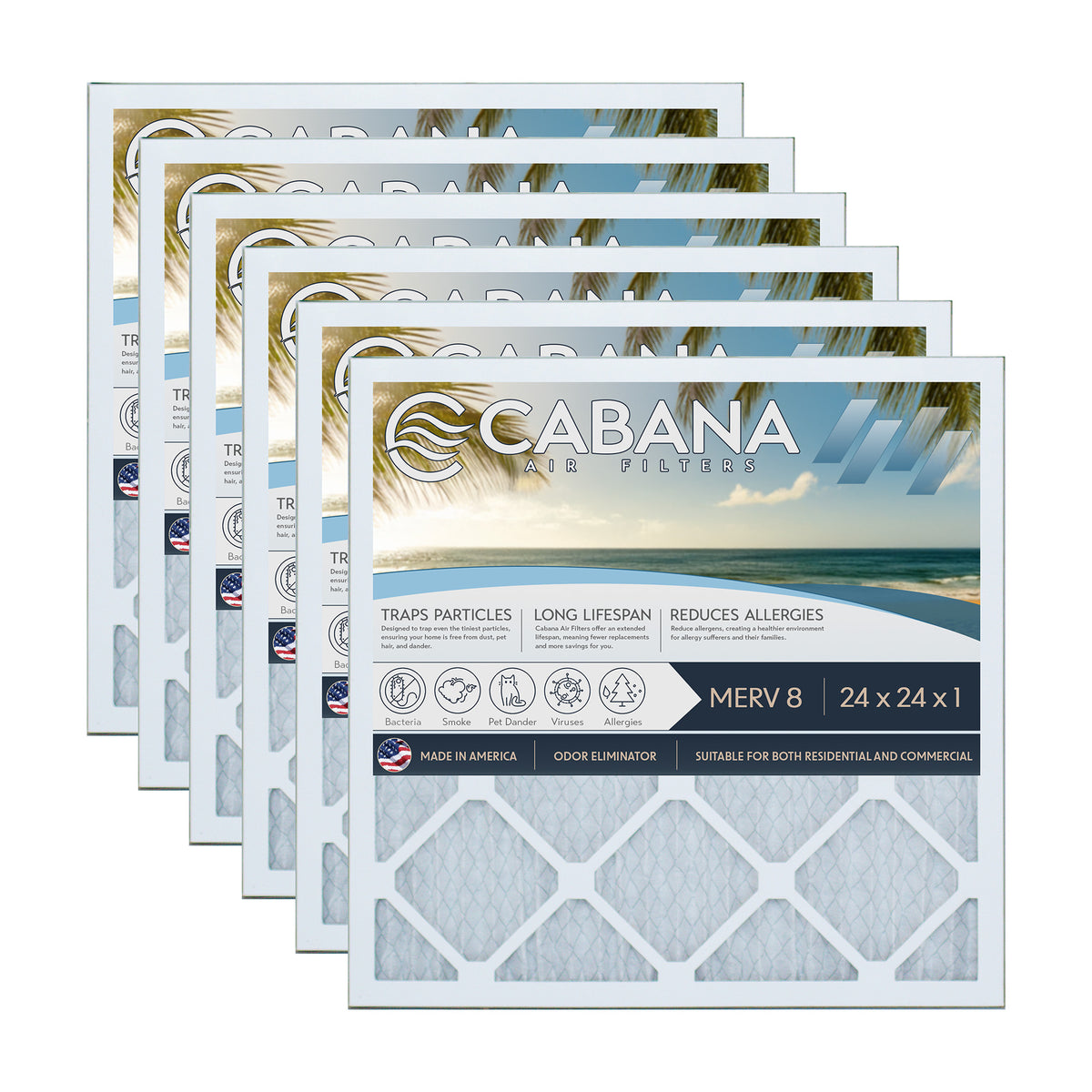 Cabana Air Filters 6 Pack HVAC Furnace Air Filters, MERV 8, 24 x 24 x 1, White