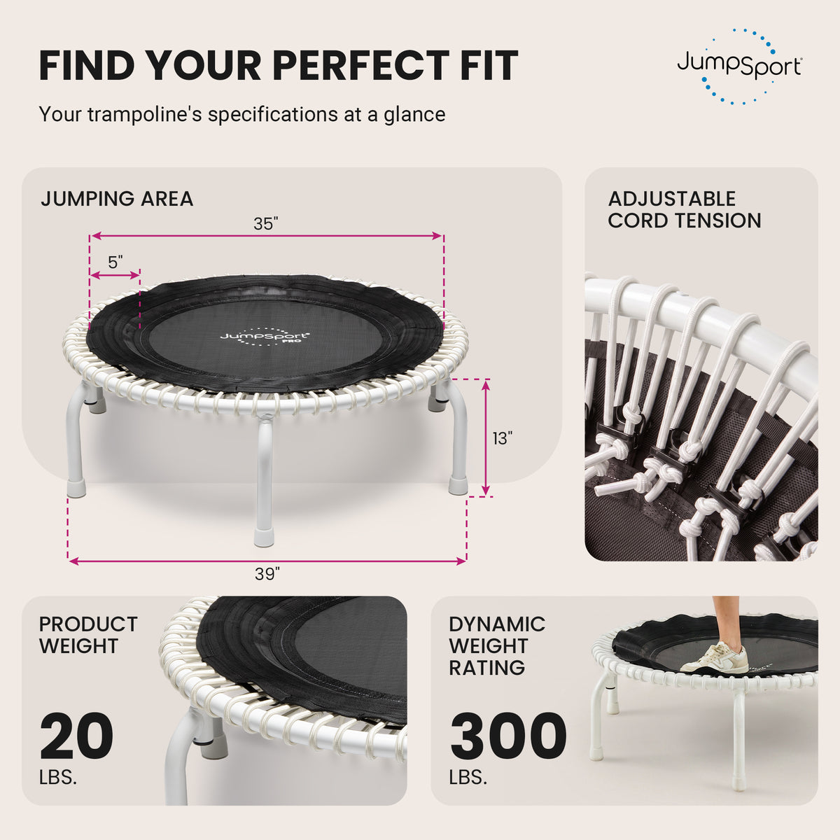 JumpSport 350 PRO Fitness Trampoline, Cardio Workout Equipment, 39 Inch, Elevate