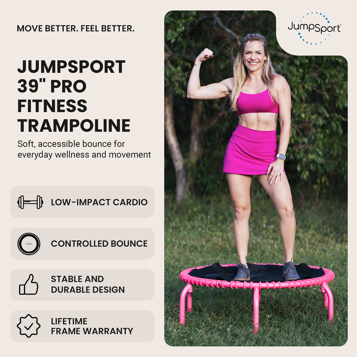 JumpSport 350 PRO Trampoline, Cardio Workout Equipment, 39", Blossom (Open Box)