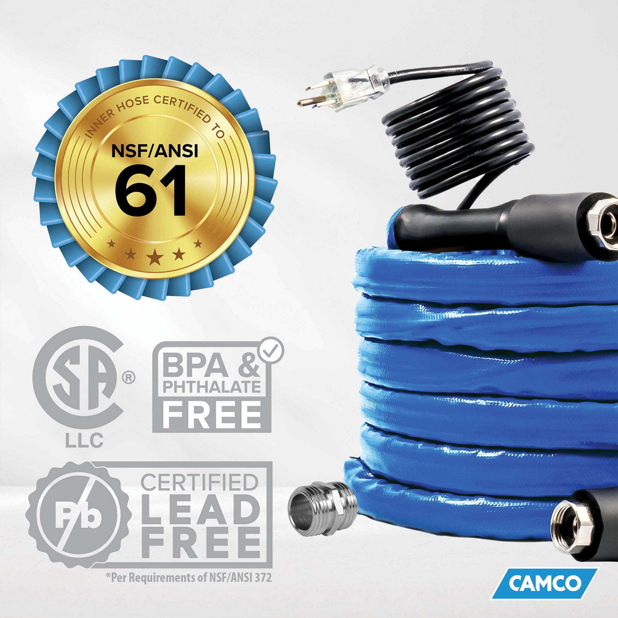 Camco Heated 50 Foot RV Drinking Water Hose, Freeze Regulator Down to -40F, Blue - VMInnovations