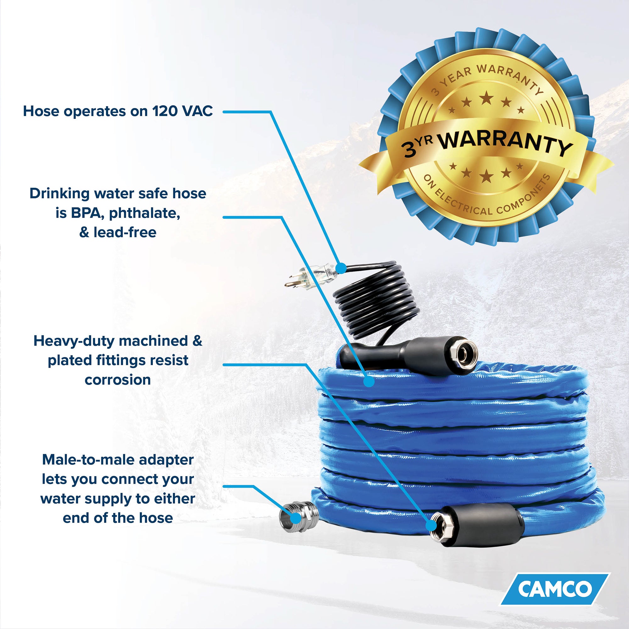 Camco Heated 50 Foot RV Drinking Water Hose, Freeze Regulator Down to -40F, Blue - VMInnovations