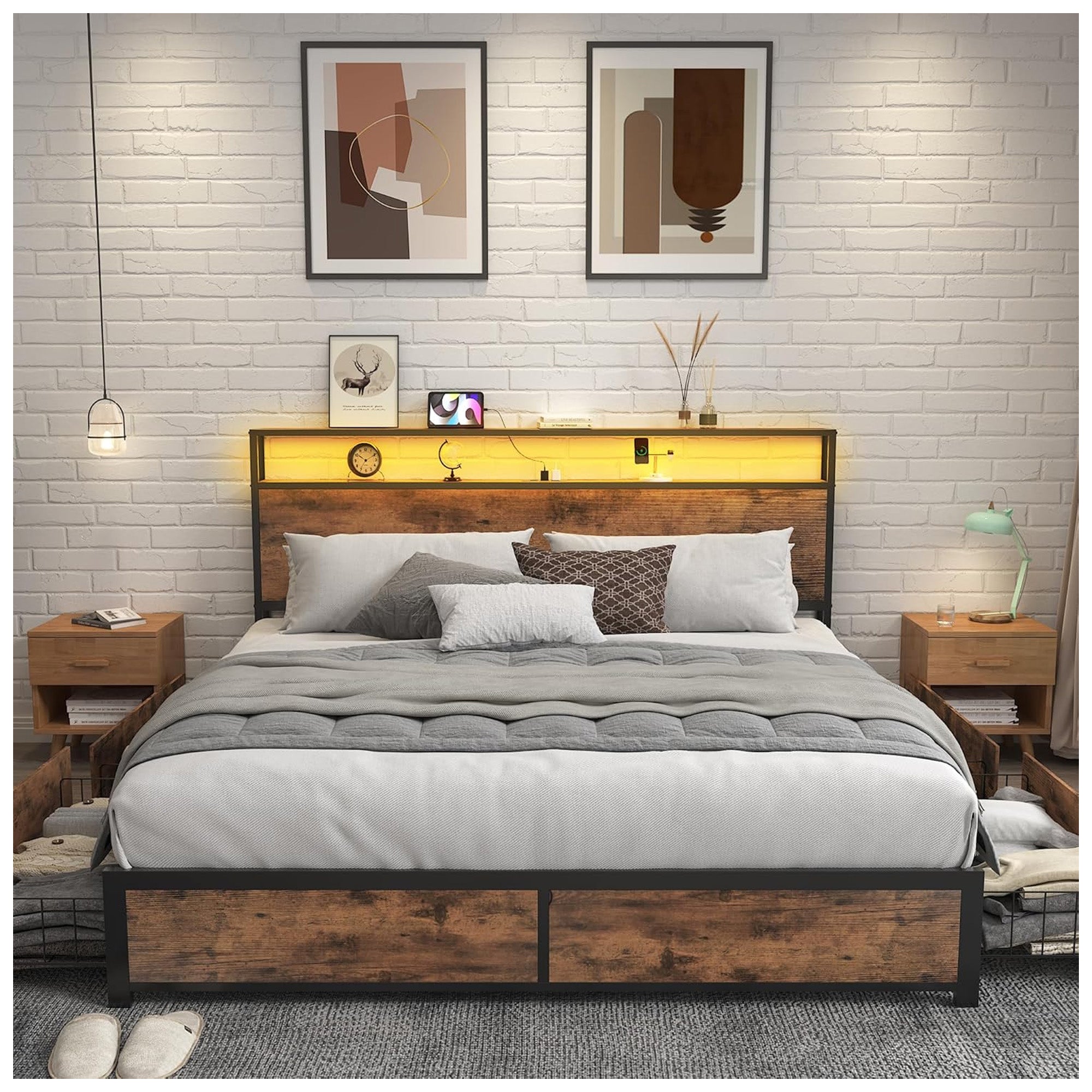 Lifezone Bed Frame, Storage Headboard w/Charging Station, Queen, Brown(Open Box) - VMInnovations