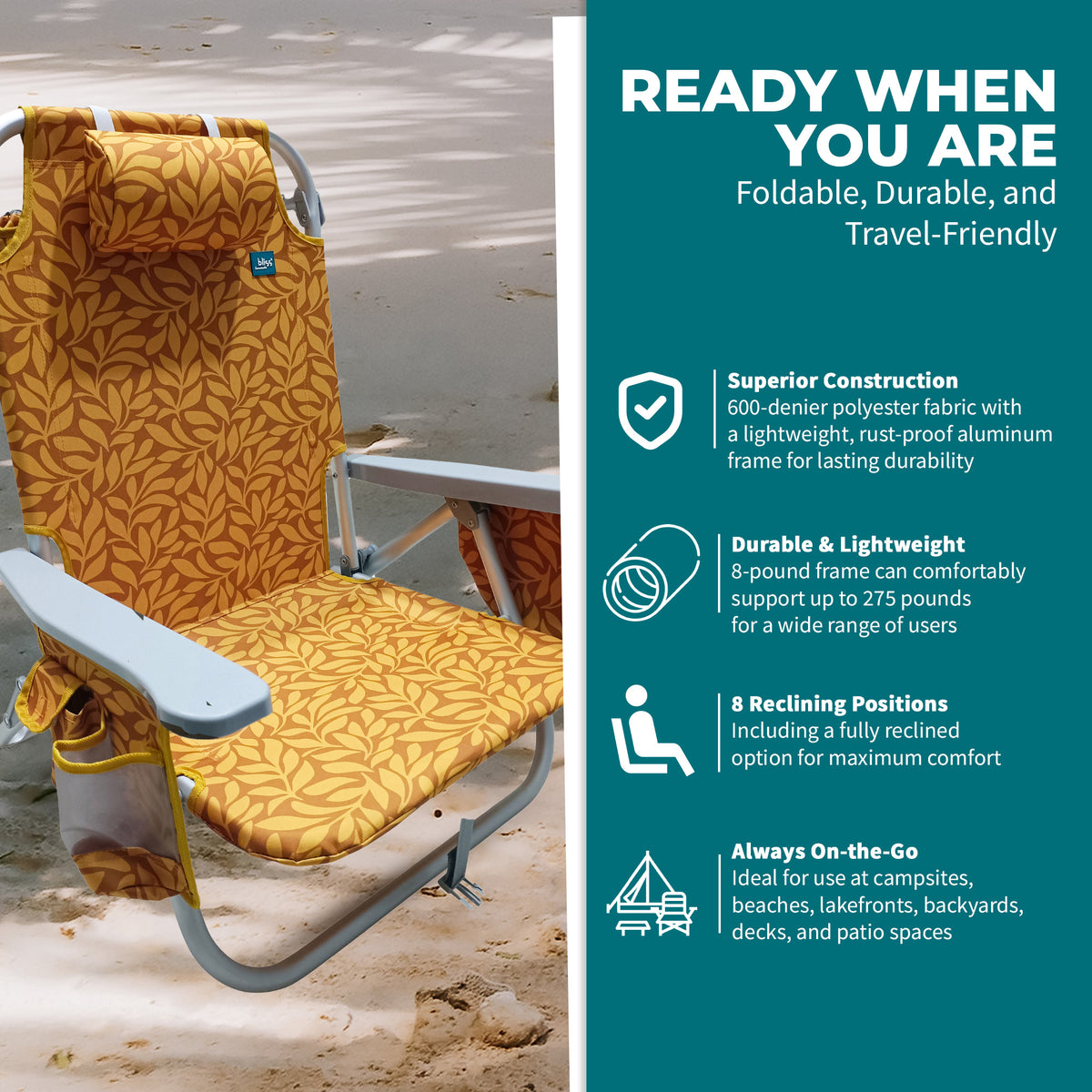 Bliss Hammocks Folding Beach Chair Recliner with Detachable Cooler (Open Box) - VMInnovations