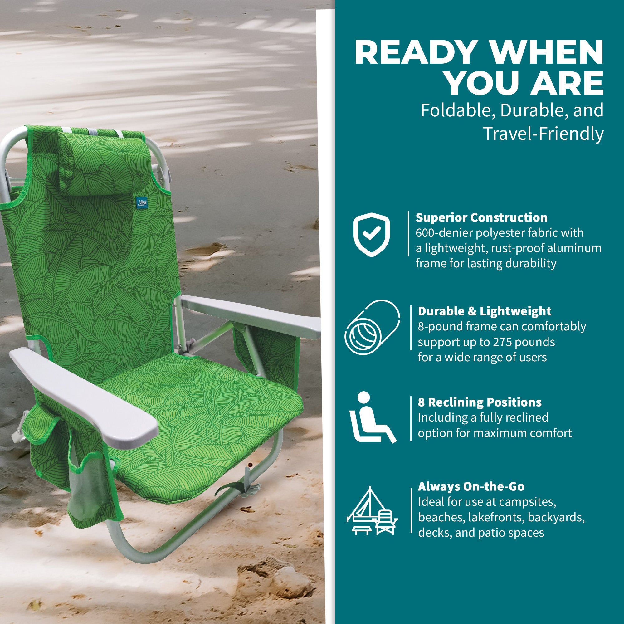 Bliss Hammocks Folding Beach Chair Recliner w/ Detachable Cooler (Open Box) - VMInnovations