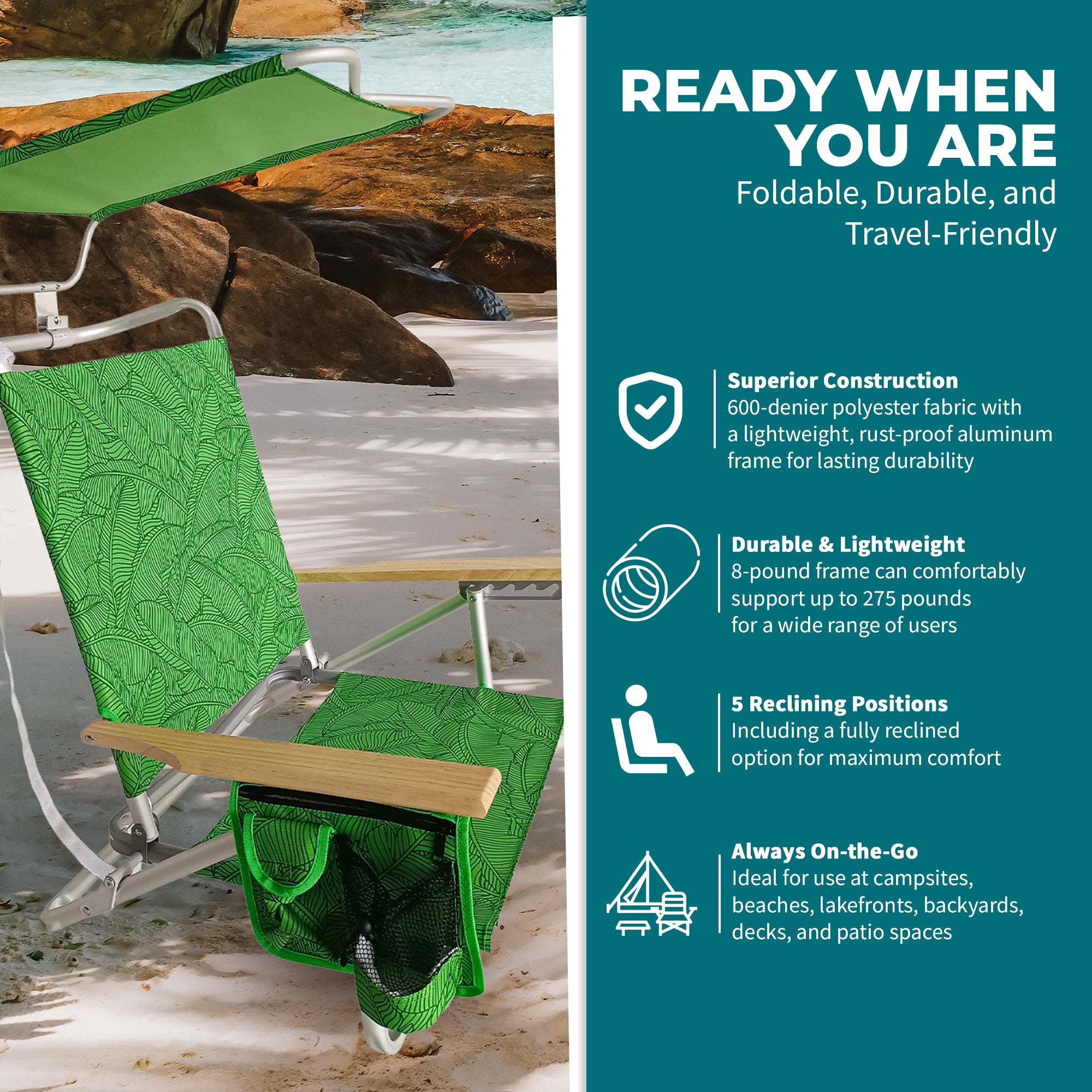Bliss Hammocks Folding Beach Chair Recliner with Canopy, Banana Leaves(Open Box) - VMInnovations