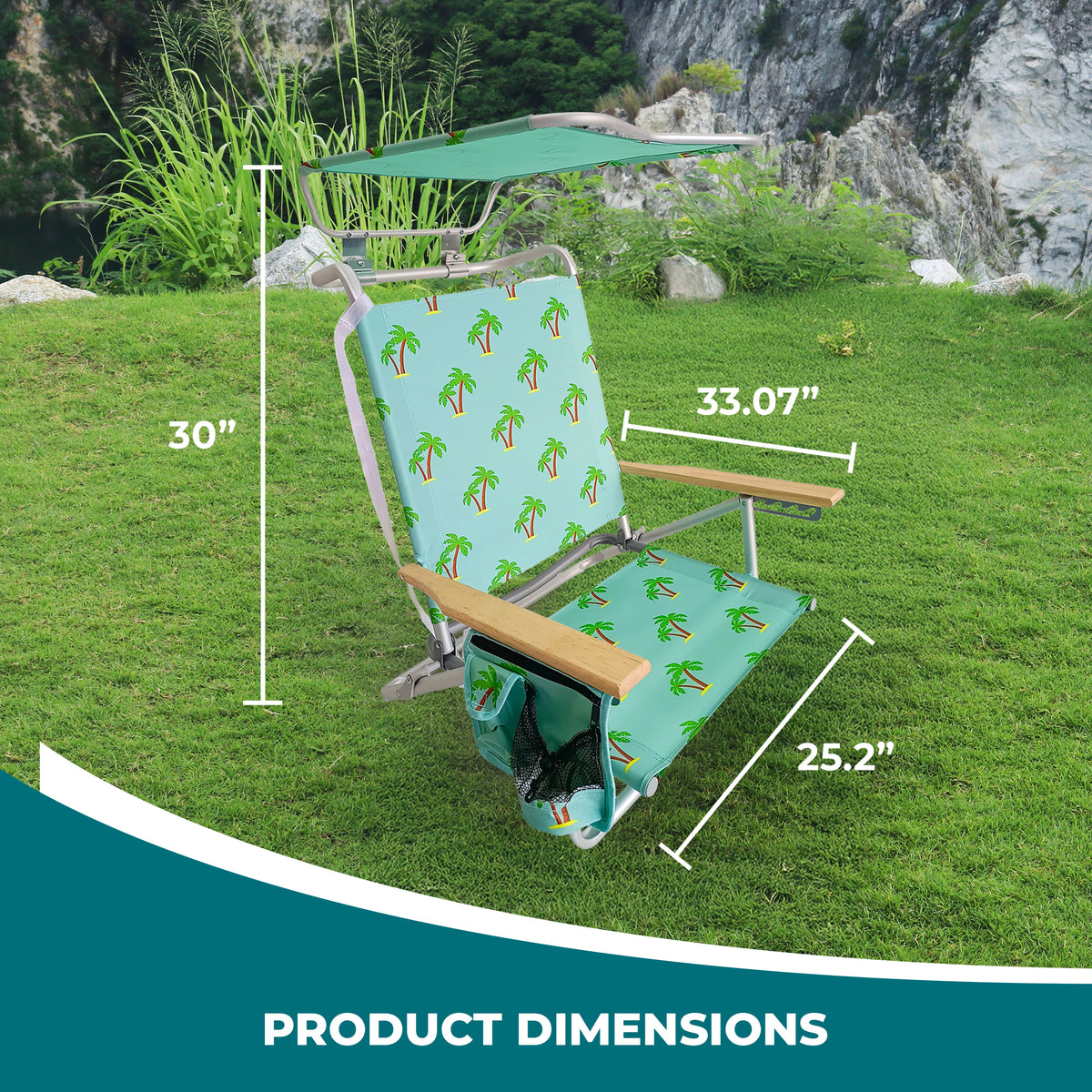 Bliss Hammocks Folding Beach Chair, Backpack Recliner with Canopy, Palm Tree - VMInnovations