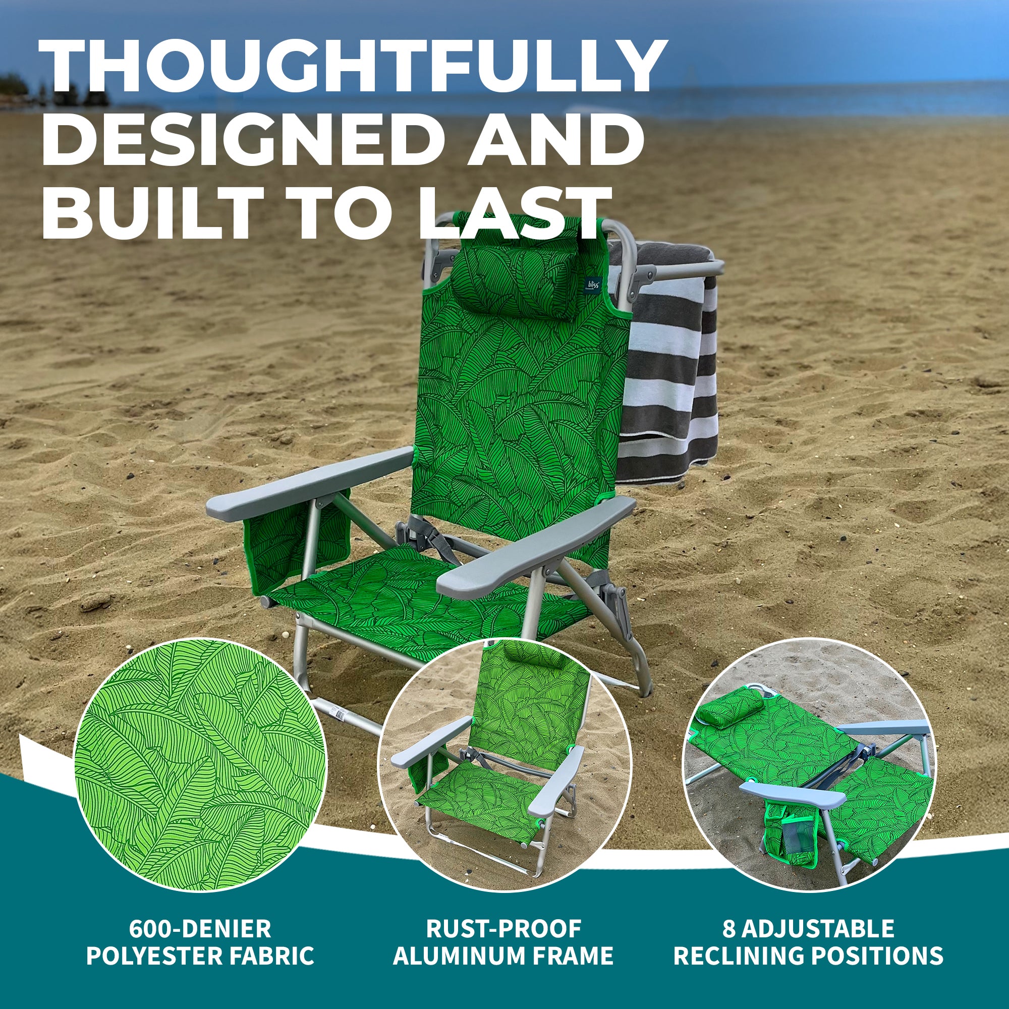 Bliss Hammocks Folding Beach Chair, Recliner with Towel Rack, Banana Leaves - VMInnovations