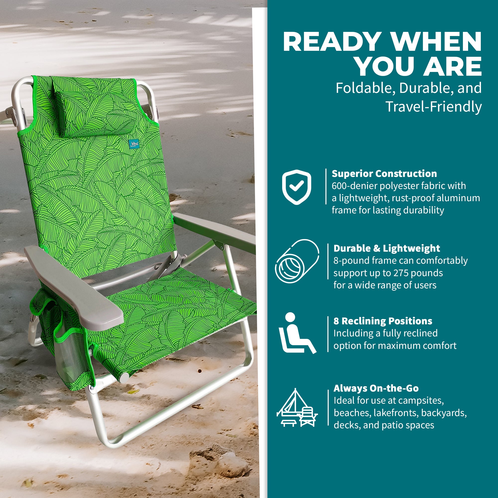 Bliss Hammocks Folding Beach Chair, Recliner with Towel Rack, Banana Leaves - VMInnovations