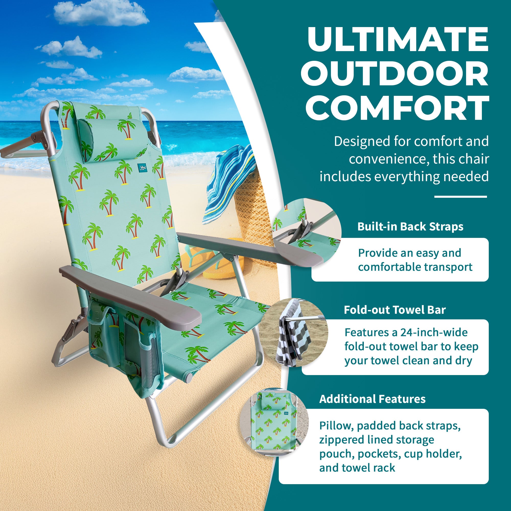 Bliss Hammocks Folding Beach Chair, Backpack Recliner with Towel Rack (Open Box)