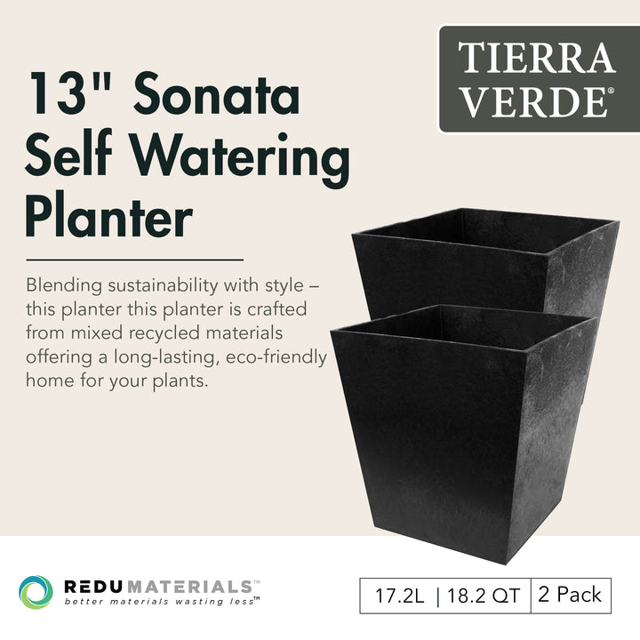 Tierra Verde 2 Pack Indoor Outdoor 13 Inch Self Watering Planters, Sonata, Black - VMInnovations