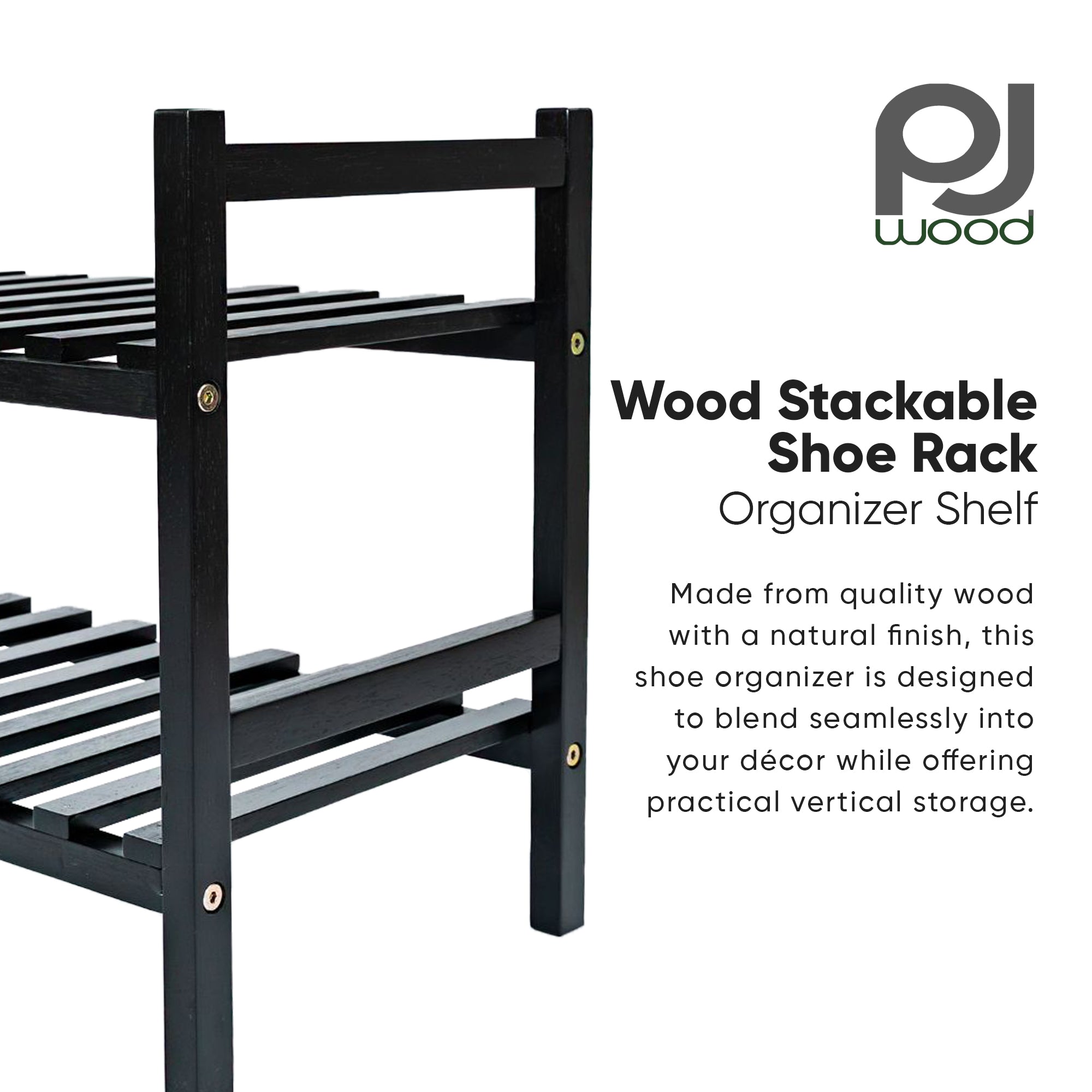 PJ Wood Stackable Wood Shoe Rack Organizer Shelf Closet Entryway Bedroom, Black - VMInnovations