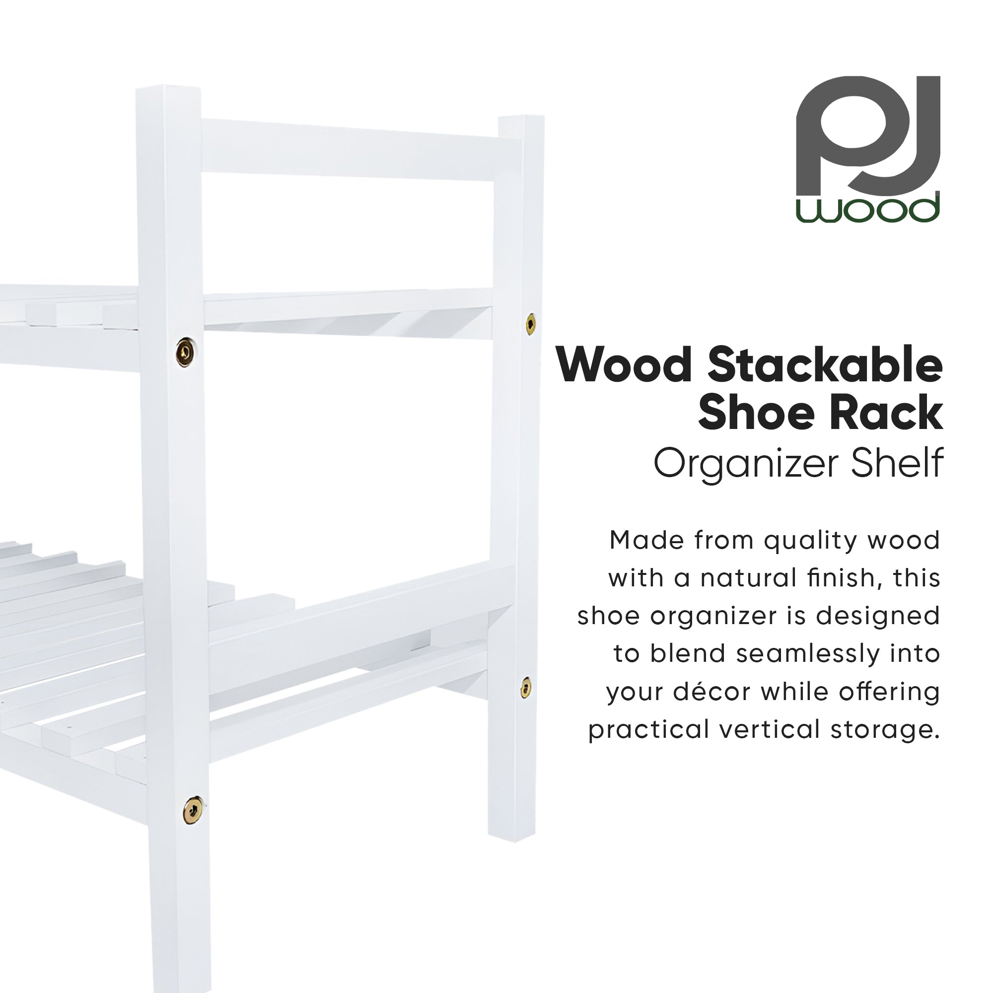 PJ Wood Stackable Wood Shoe Rack Organizer For Closet Bedroom, White (Open Box)