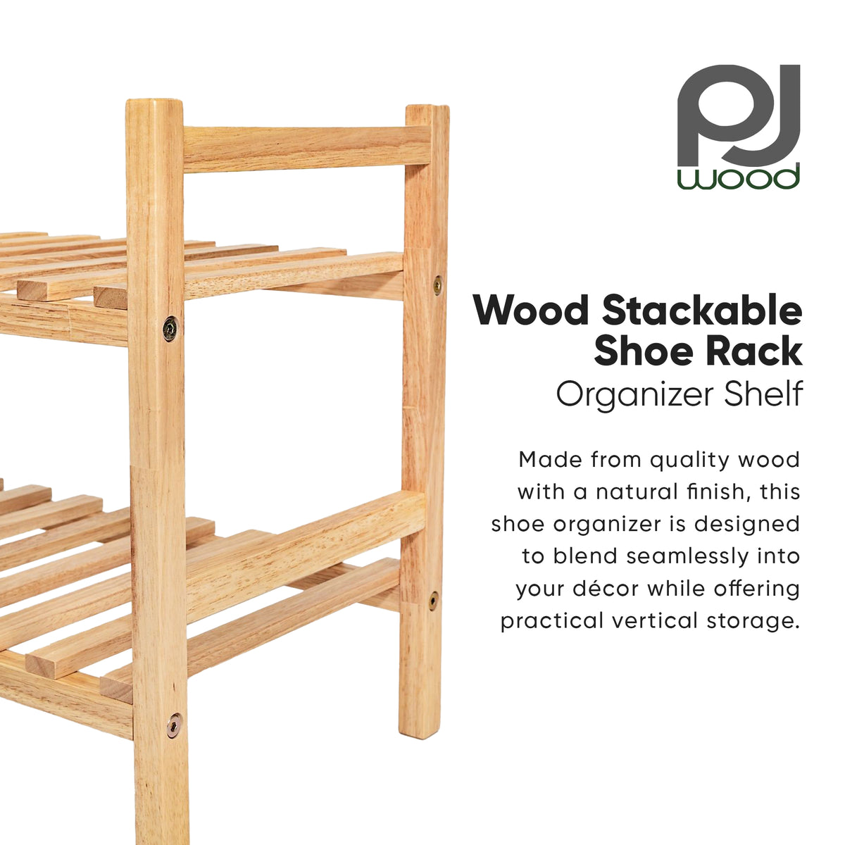 PJ Wood Stackable Wood Shoe Rack Organizer Shelf Closet Entryway Bedroom Natural - VMInnovations