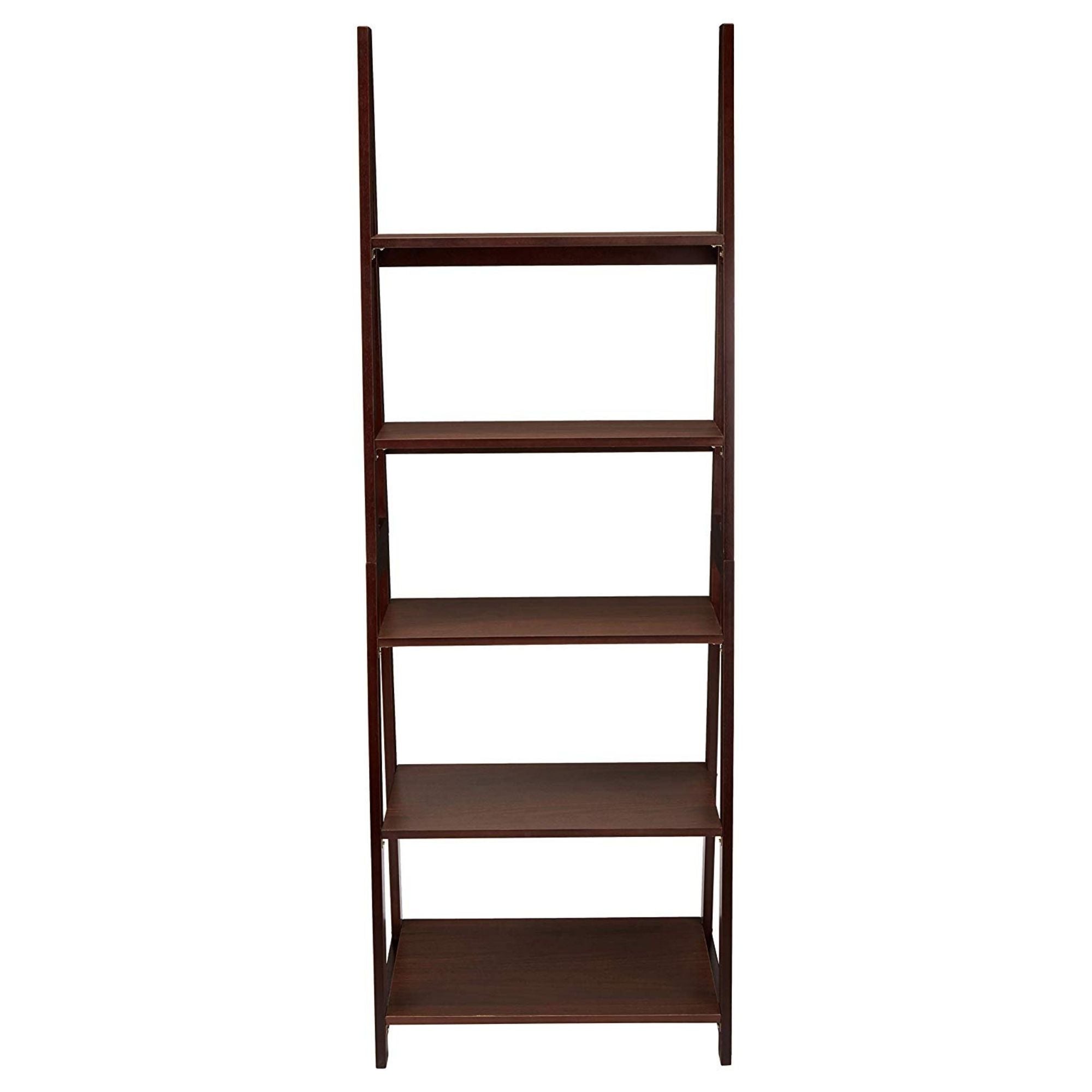 PJ Wood 5 Tier Wooden Ladder Shelf Organizer Bookcase Home Display, Espresso