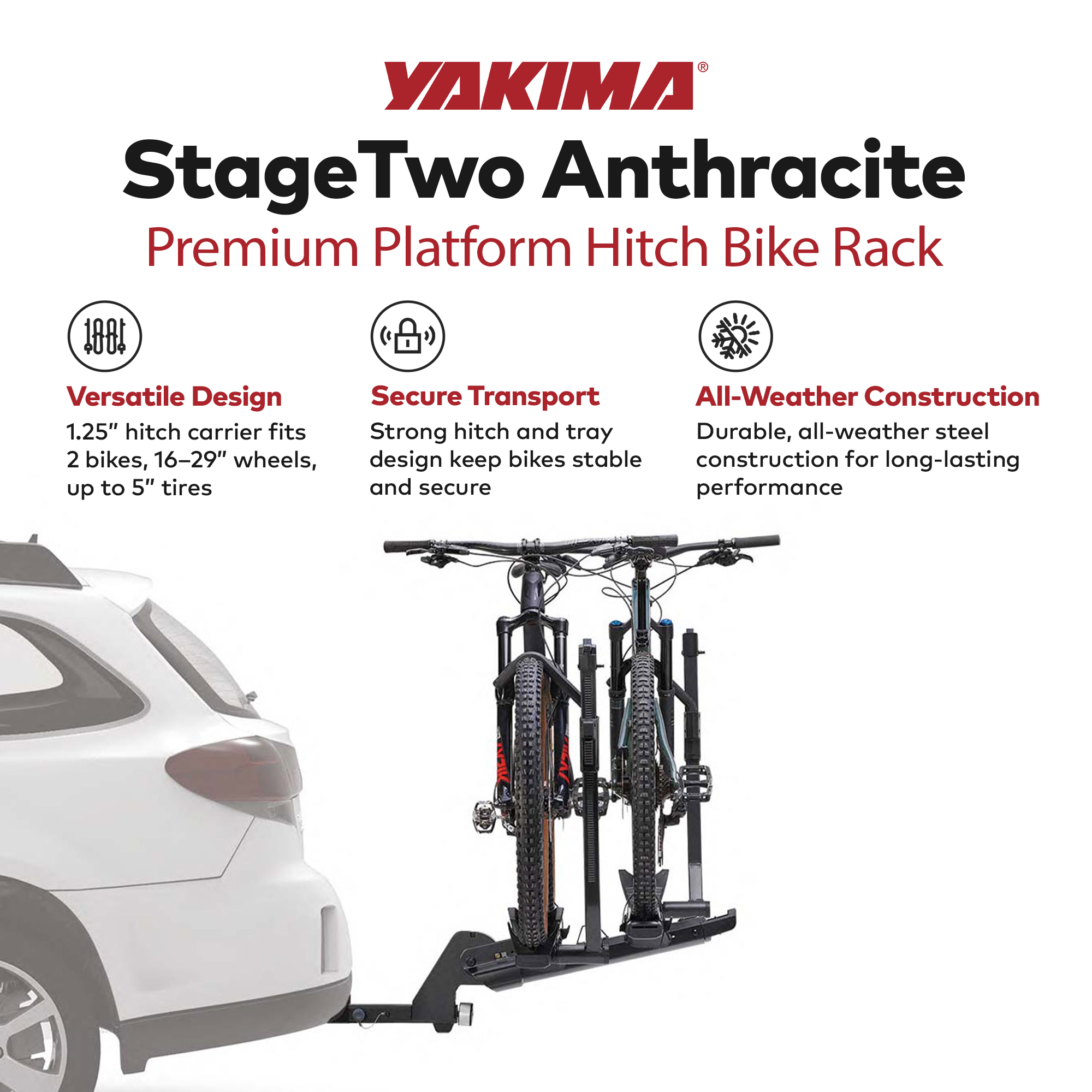 Yakima StageTwo 1.25" Premium Platform 2 Bike Tray Hitch Bike Rack, Anthracite - VMInnovations