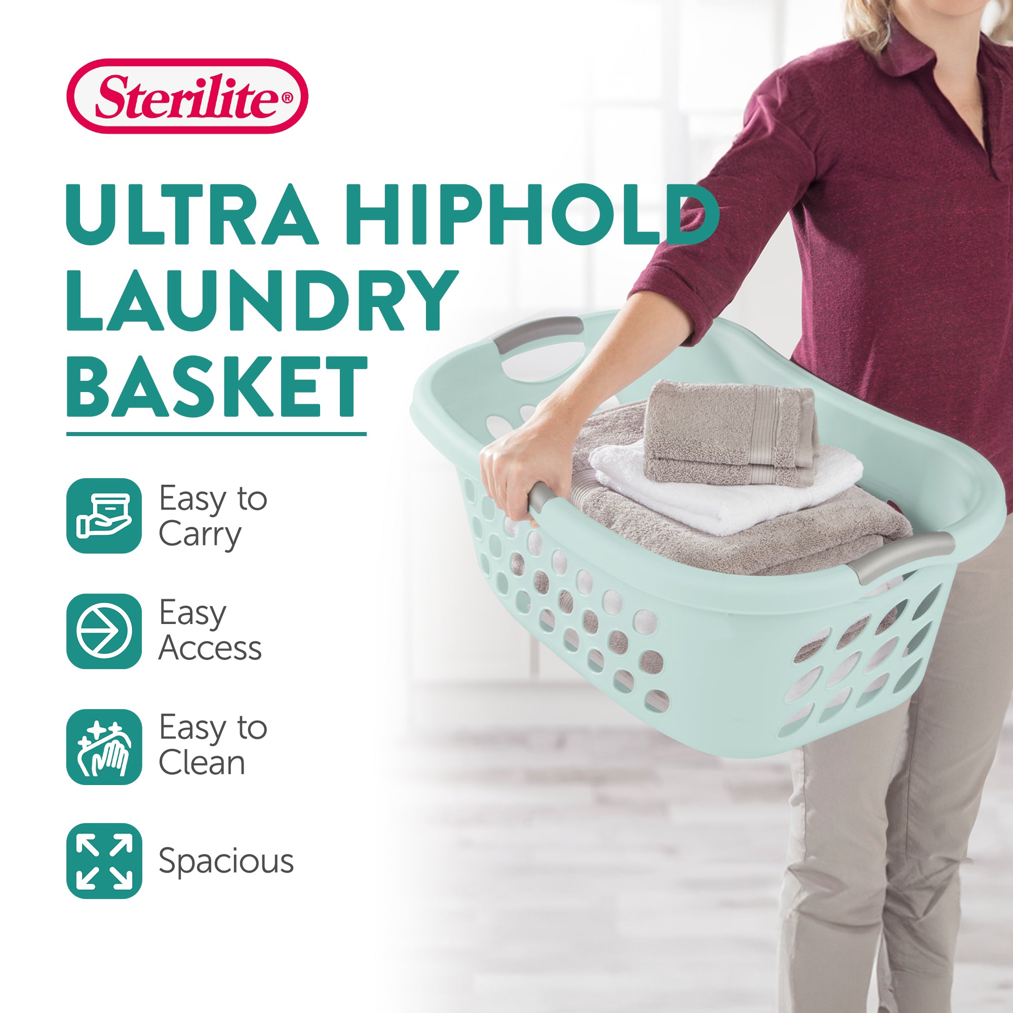 Sterilite 18 Pack Plastic Laundry Basket Ultra HipHold 1.25 Bu Contour Rim, Mint - VMInnovations
