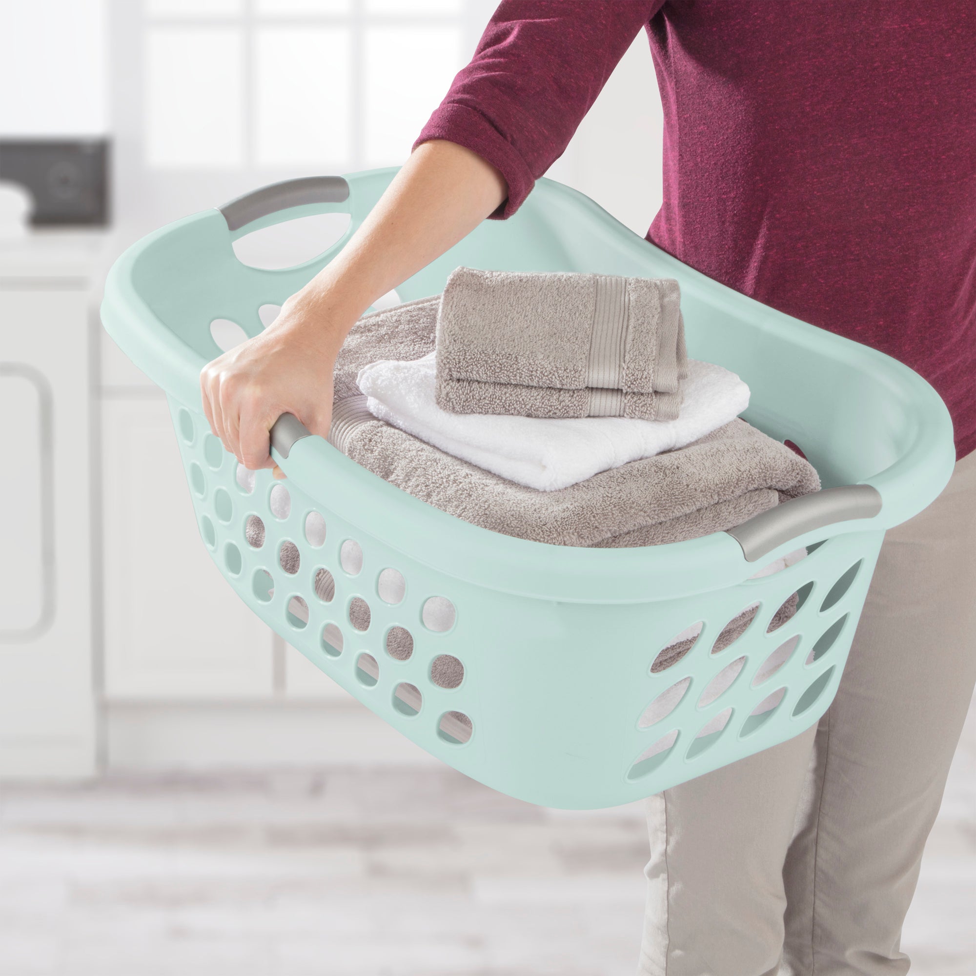 Sterilite 18 Pack Plastic Laundry Basket Ultra HipHold 1.25 Bu Contour Rim, Mint - VMInnovations
