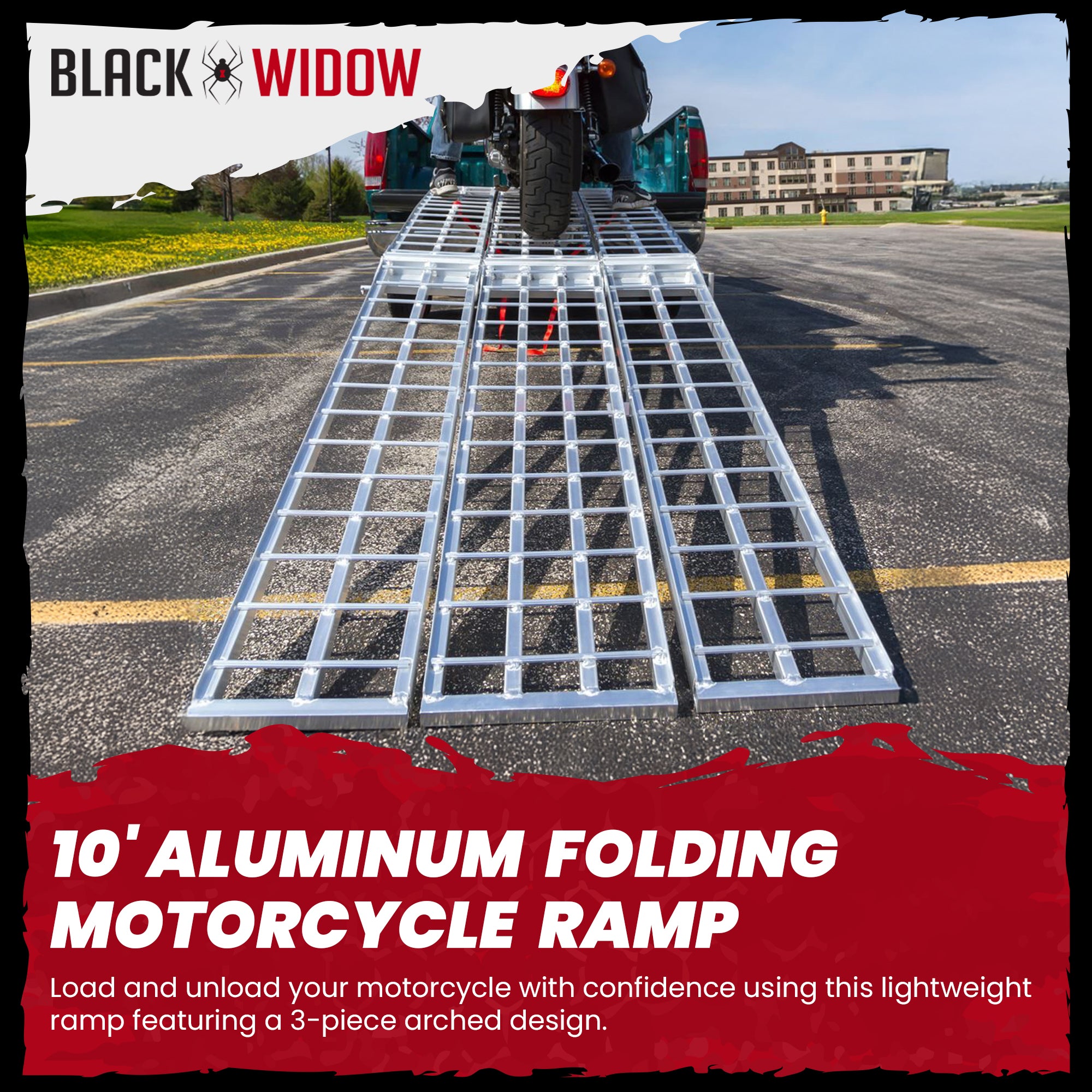 Black Widow 10’ Aluminum Folding Motorcycle Ramp, 3 Piece Design, Silver (Used) - VMInnovations